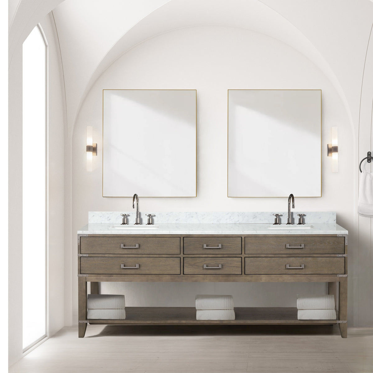 Grey Oak Double Bath Vanity 84 in. W x 22 in. D, Carrara Marble Top, Faucet Set, and 36 in. Mirrors