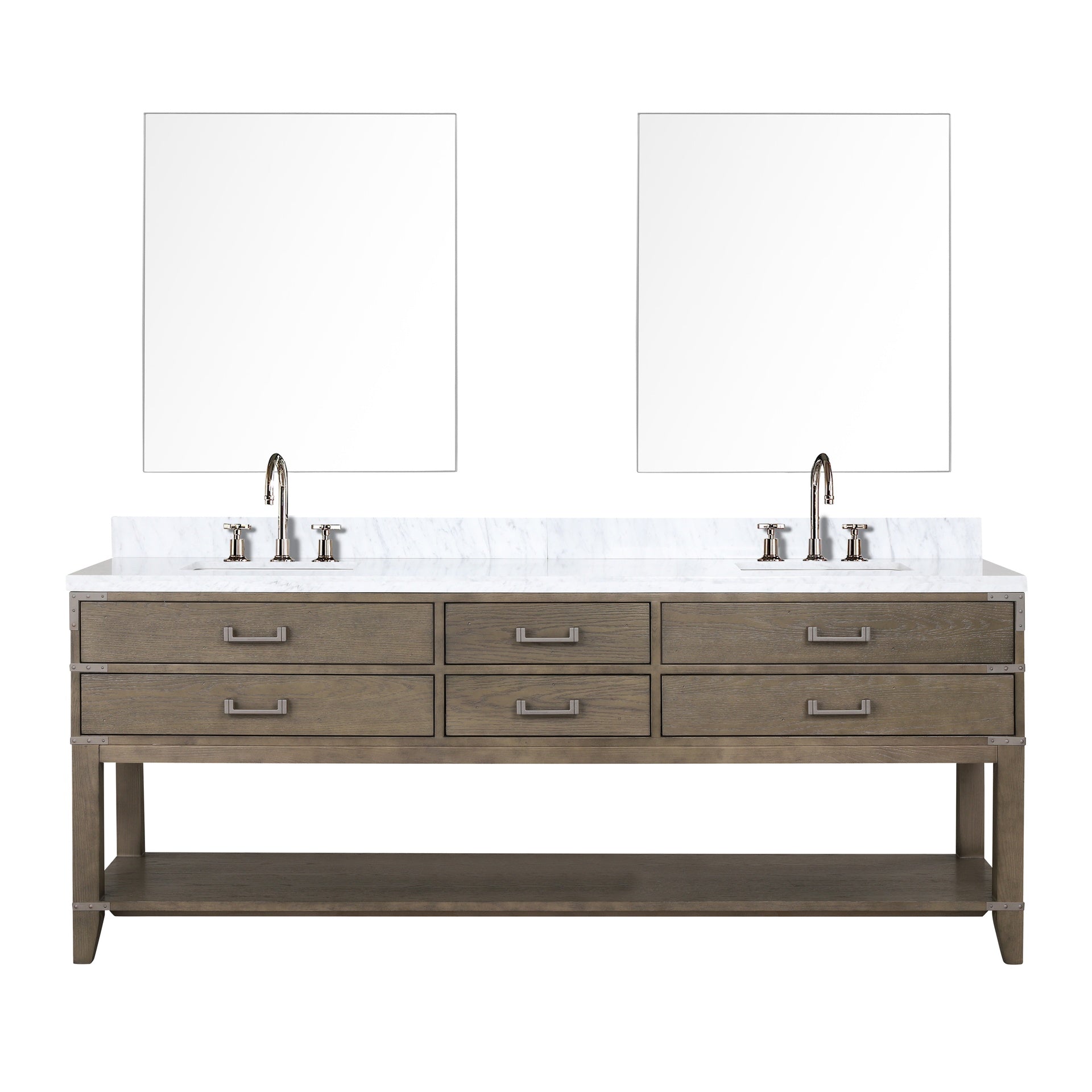 Grey Oak Double Bath Vanity 84 in. W x 22 in. D, Carrara Marble Top, Faucet Set, and 36 in. Mirrors