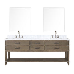 Grey Oak Double Bath Vanity 84 in. W x 22 in. D, Carrara Marble Top, Faucet Set, and 36 in. Mirrors