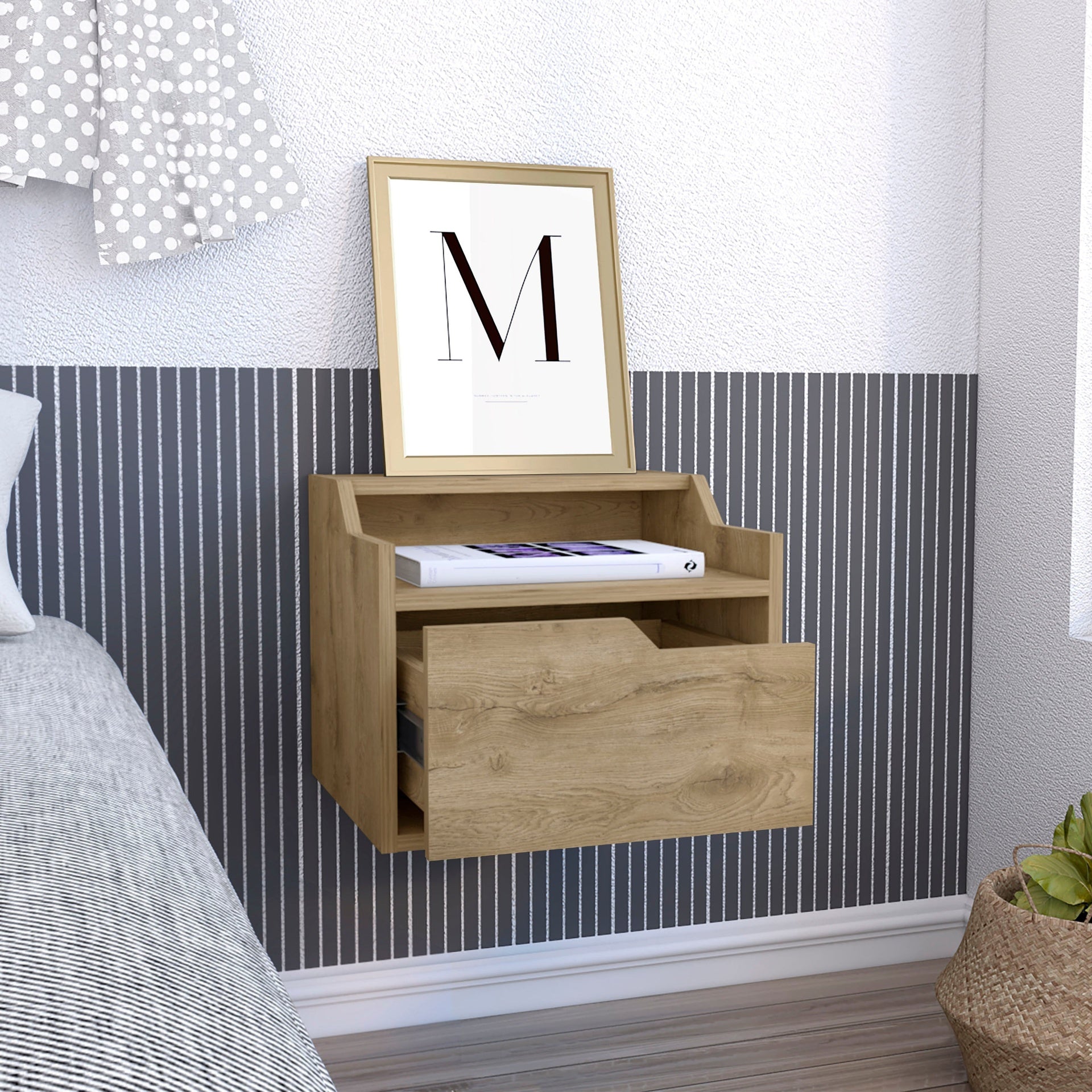 Busan Modern Floating Nightstand , End Table, Side Table Single-Drawer Design with Sleek Two-Tiered Top Shelf Surfaces