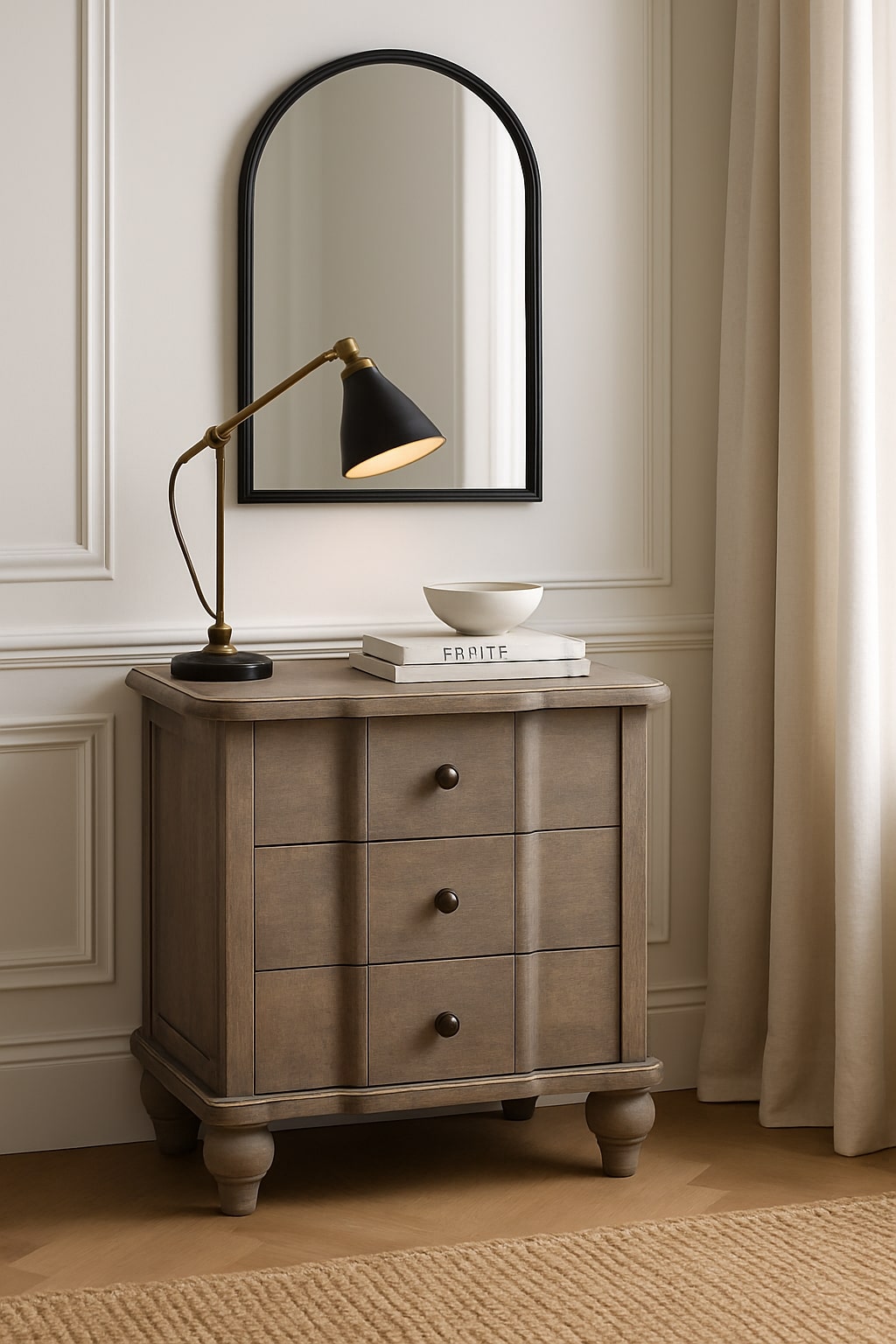 Solid Wood Beaumont Curved Nightstand,Grey,3-Drawers