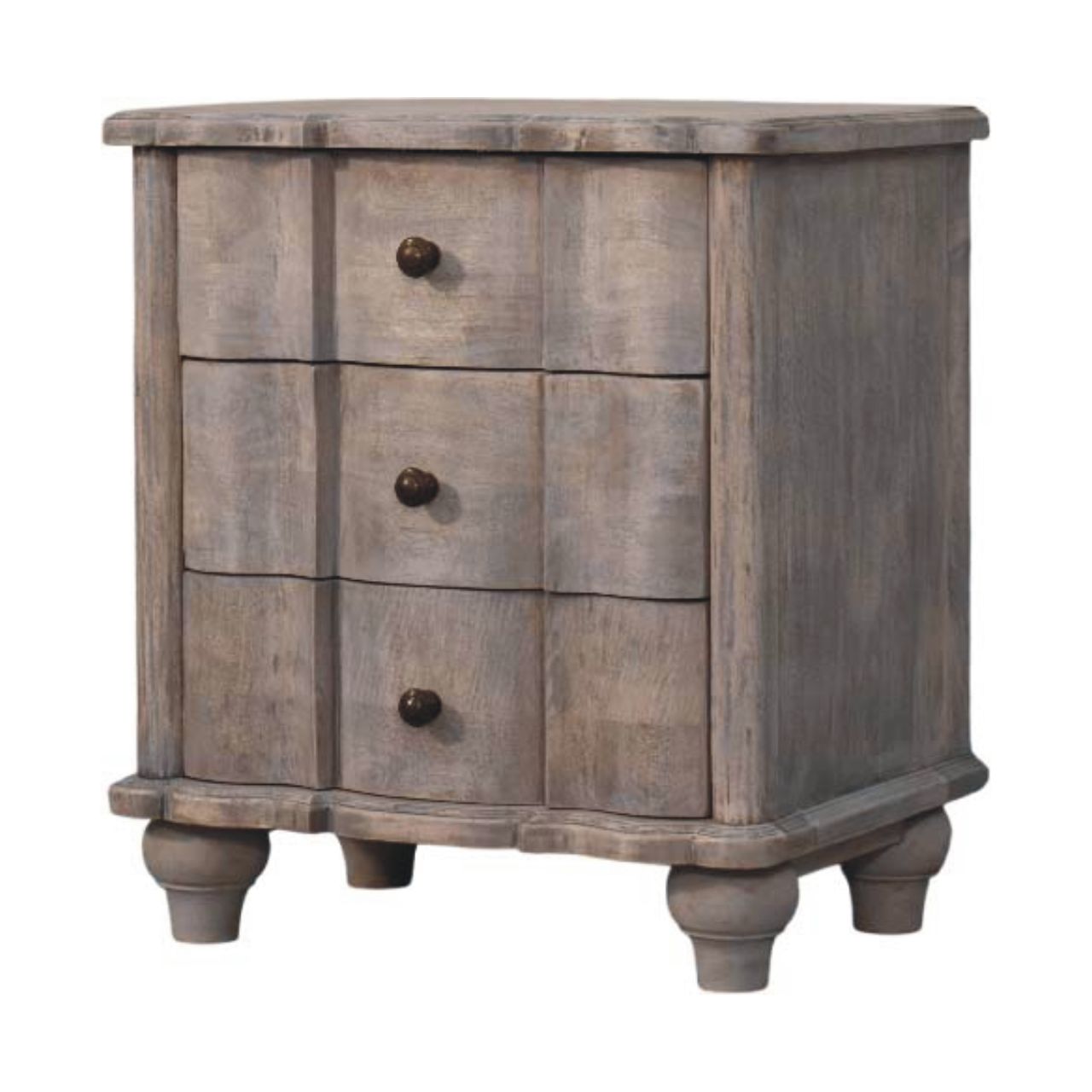 Solid Wood Beaumont Curved Nightstand,Grey,3-Drawers