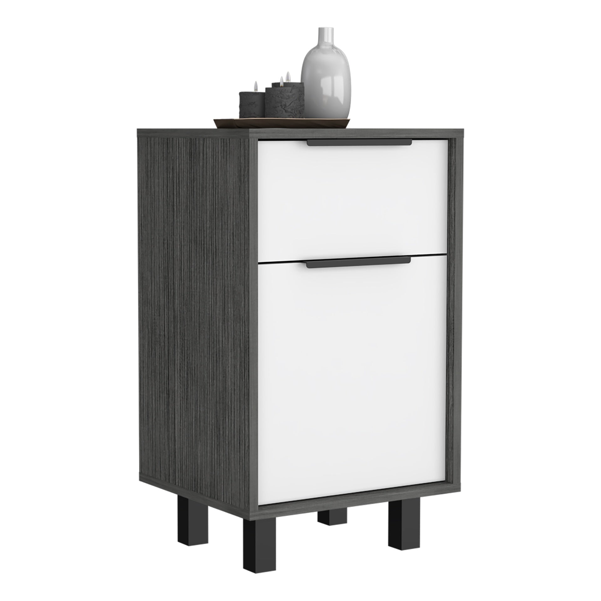 Nightstand 27" H, One Drawer, Storage with Door, Four Legs, Smokey Oak / White