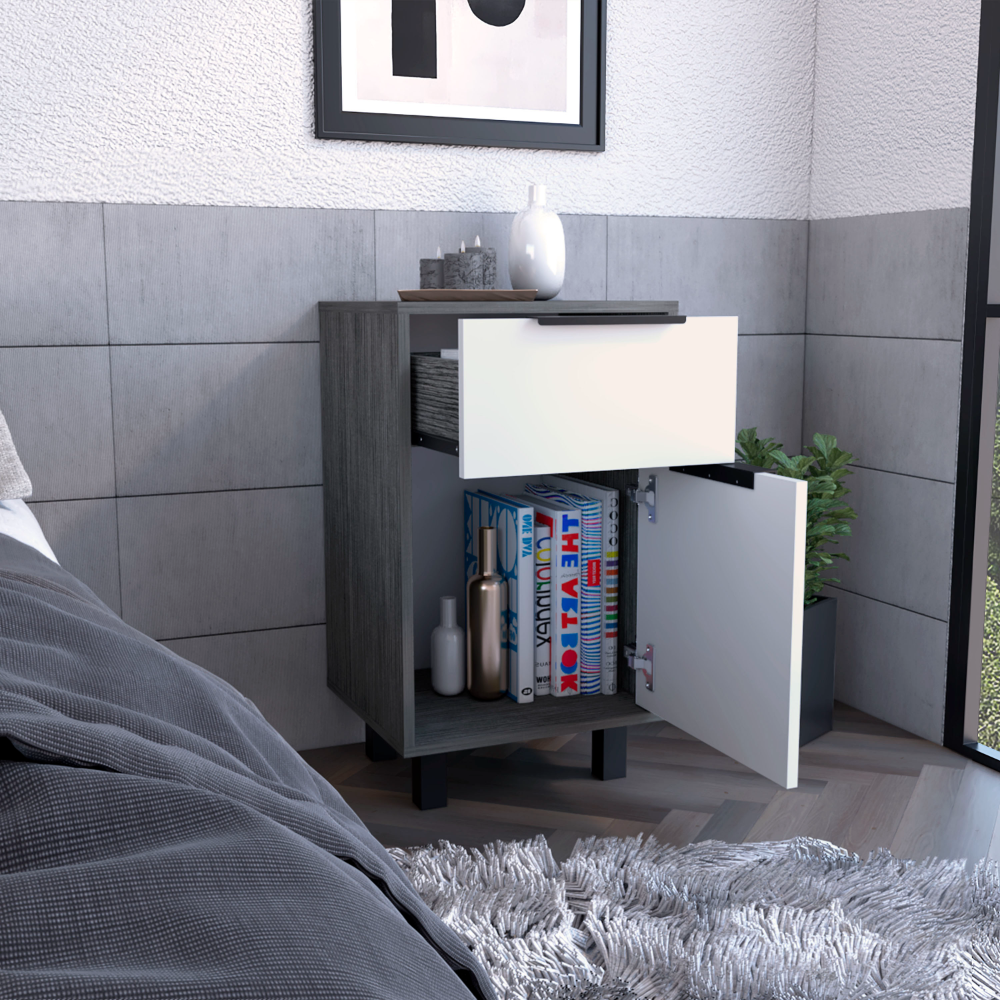 Nightstand 27" H, One Drawer, Storage with Door, Four Legs, Smokey Oak / White