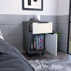 Nightstand 27" H, One Drawer, Storage with Door, Four Legs, Smokey Oak / White