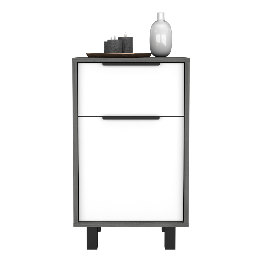 Nightstand 27" H, One Drawer, Storage with Door, Four Legs, Smokey Oak / White