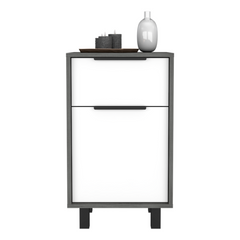 Nightstand 27" H, One Drawer, Storage with Door, Four Legs, Smokey Oak / White