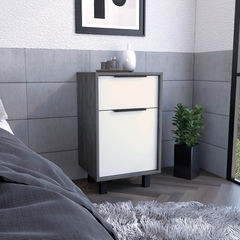 Nightstand 27" H, One Drawer, Storage with Door, Four Legs, Smokey Oak / White