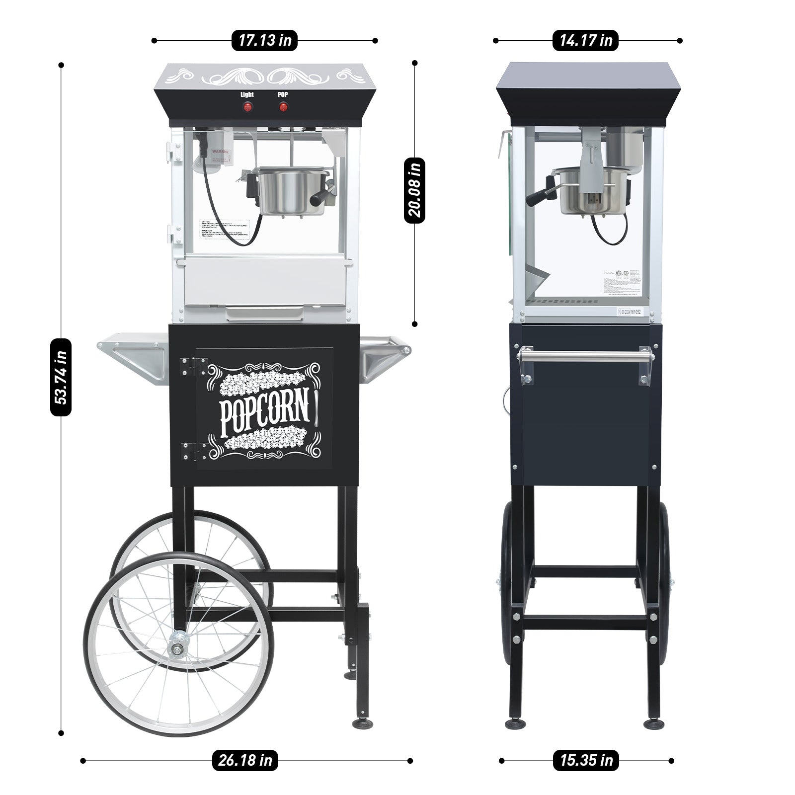 Popcorn Machine with Cart – 8oz Popper with Stainless-steel Kettle, Heated Warming Deck, and Old Maids Drawer,Black