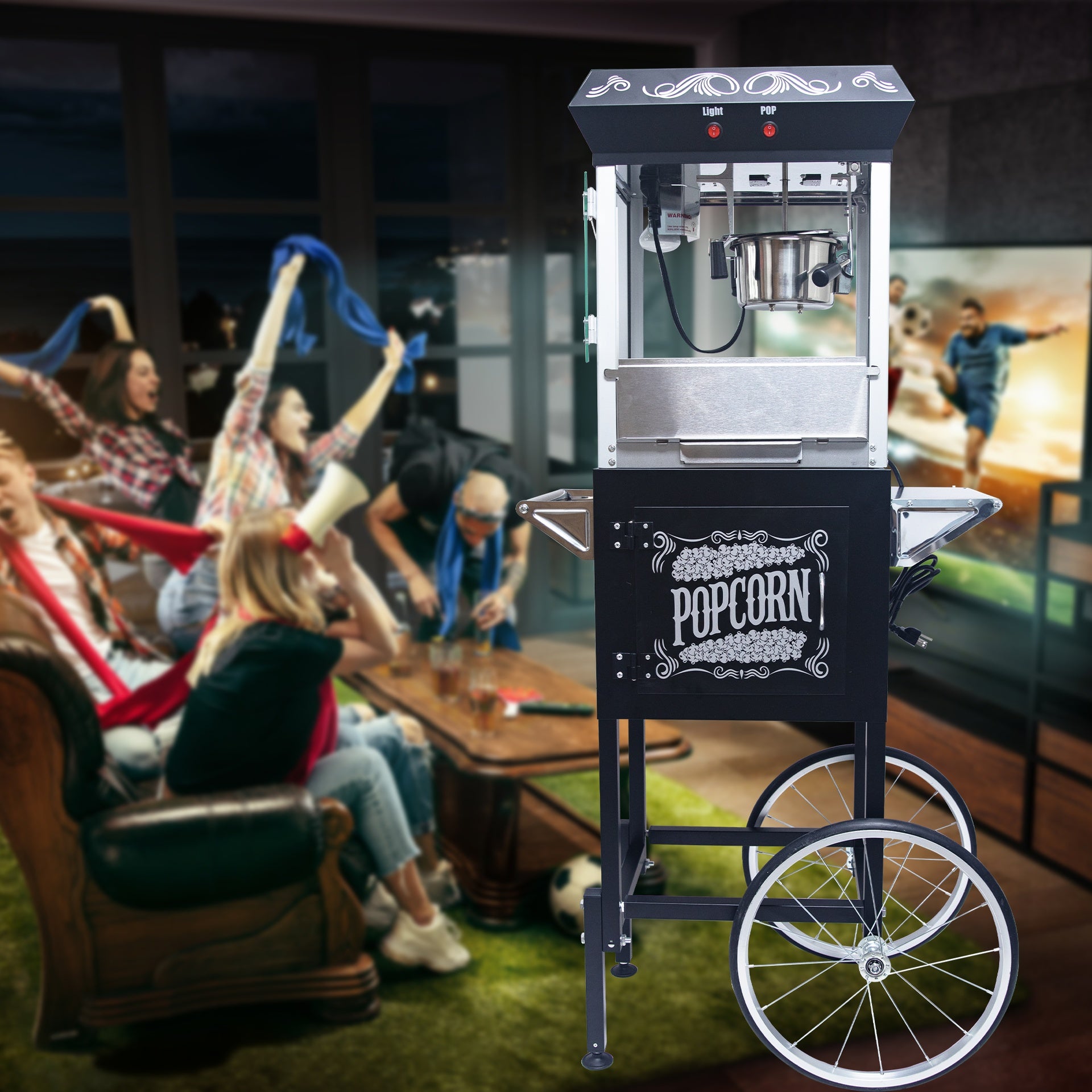 Popcorn Machine with Cart – 8oz Popper with Stainless-steel Kettle, Heated Warming Deck, and Old Maids Drawer,Black