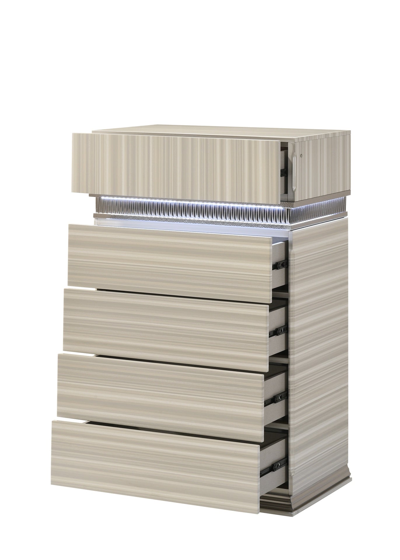 Leonor Modern Style 5 Drawer Chest made with wood and LED in Gray with clean linear detailing