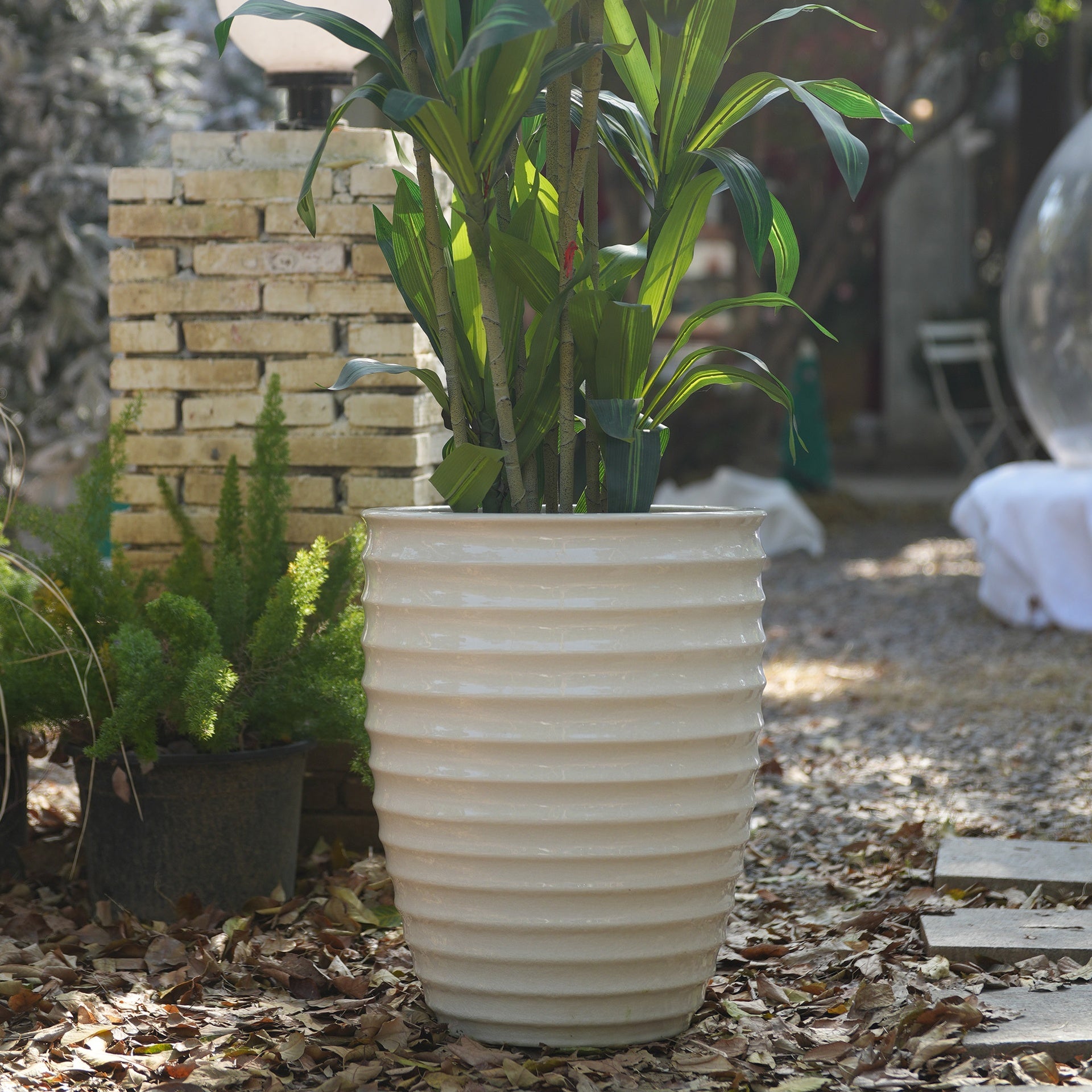 Handmade White Ceramic Planter, 17" Diameter, 1 Piece, Horizontal Ripple & Ice-Crack Pattern, for Monstera and Fiddle Leaf Fig, Indoor & Outdoor Doorway Use, Breathable Clay