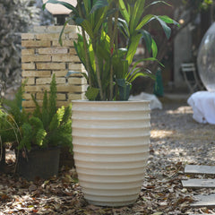 Handmade White Ceramic Planter, 17" Diameter, 1 Piece, Horizontal Ripple & Ice-Crack Pattern, for Monstera and Fiddle Leaf Fig, Indoor & Outdoor Doorway Use, Breathable Clay