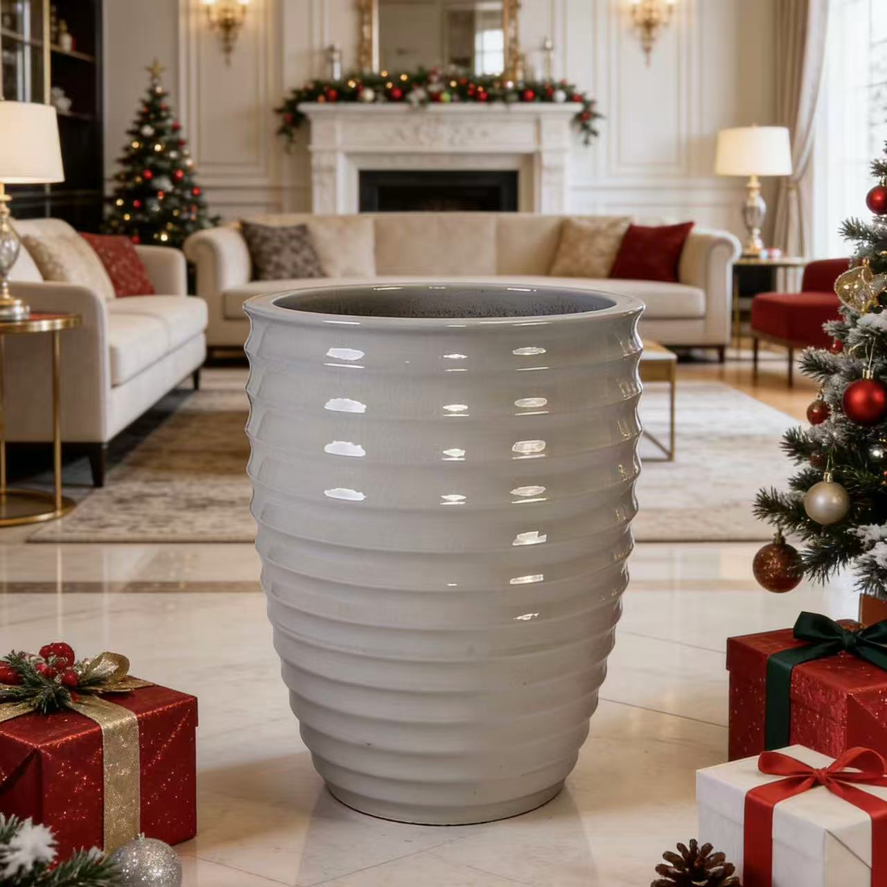 Handmade White Ceramic Planter, 17" Diameter, 1 Piece, Horizontal Ripple & Ice-Crack Pattern, for Monstera and Fiddle Leaf Fig, Indoor & Outdoor Doorway Use, Breathable Clay