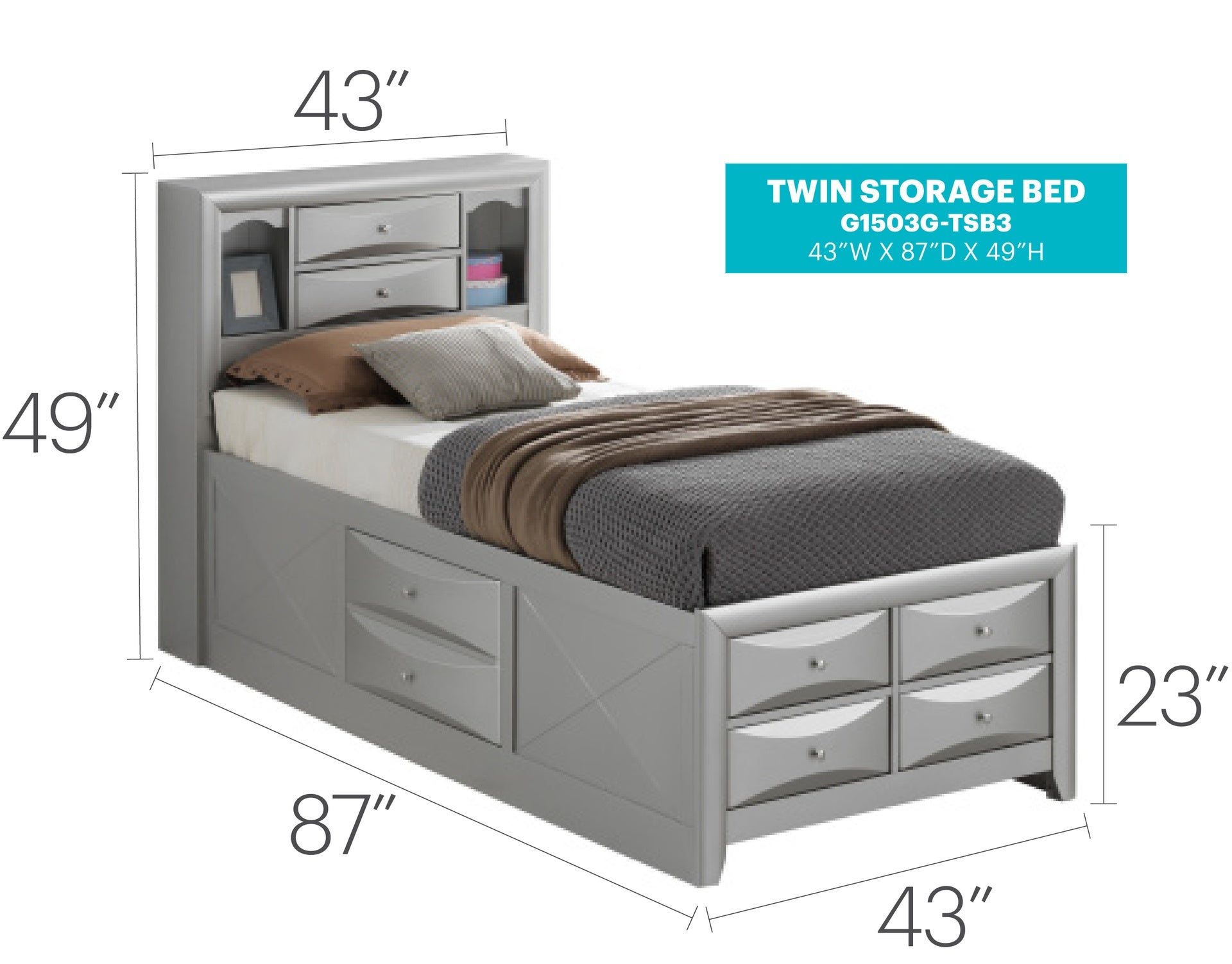 Stylish Twin Storage Bed In Silver Champagne