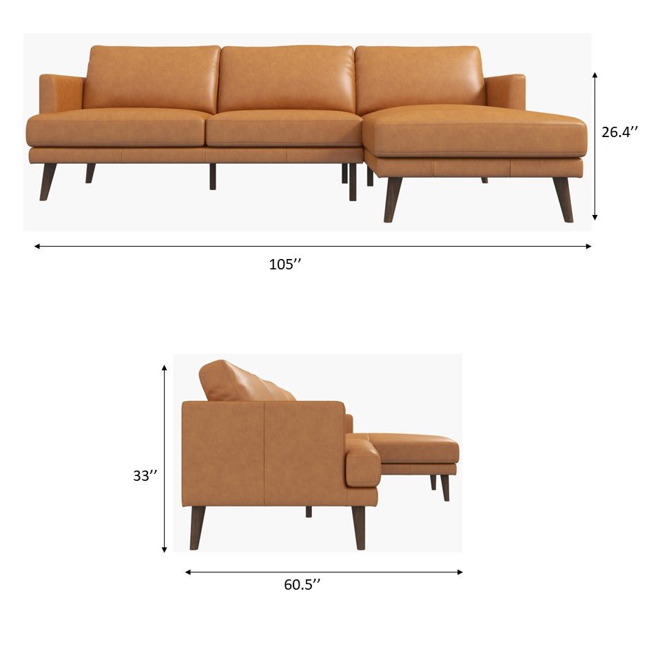 Lore  L-Shaped Genuine Leather Sectional In Tan Right Facing