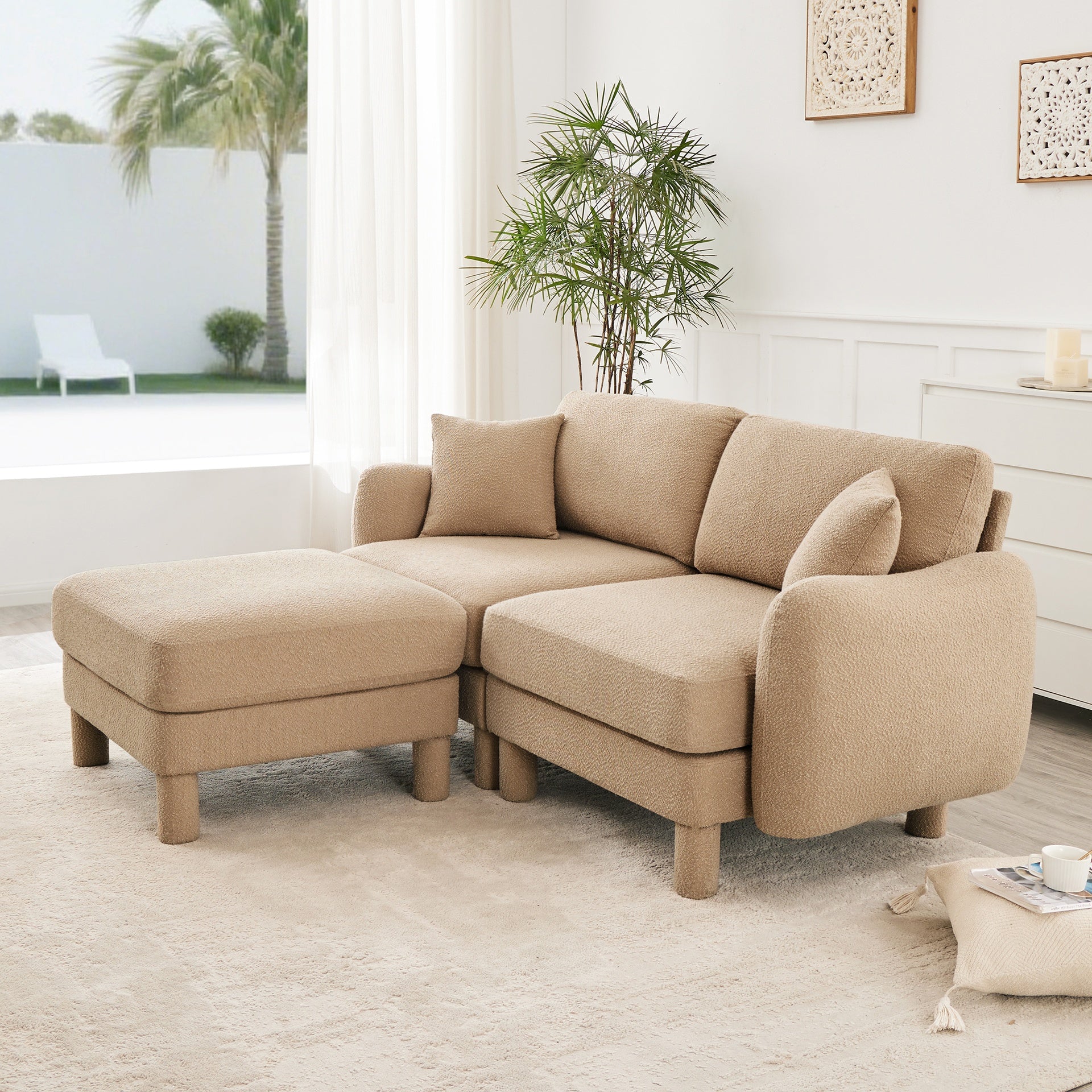 Boucle Fabric Sectional 2-seater Loveseat Sofa Couch With Distinctive Shell-shaped Armrests And Removable Ottoman,Cylindrical Legs Wrapped with Self-fabric,Coffee Color