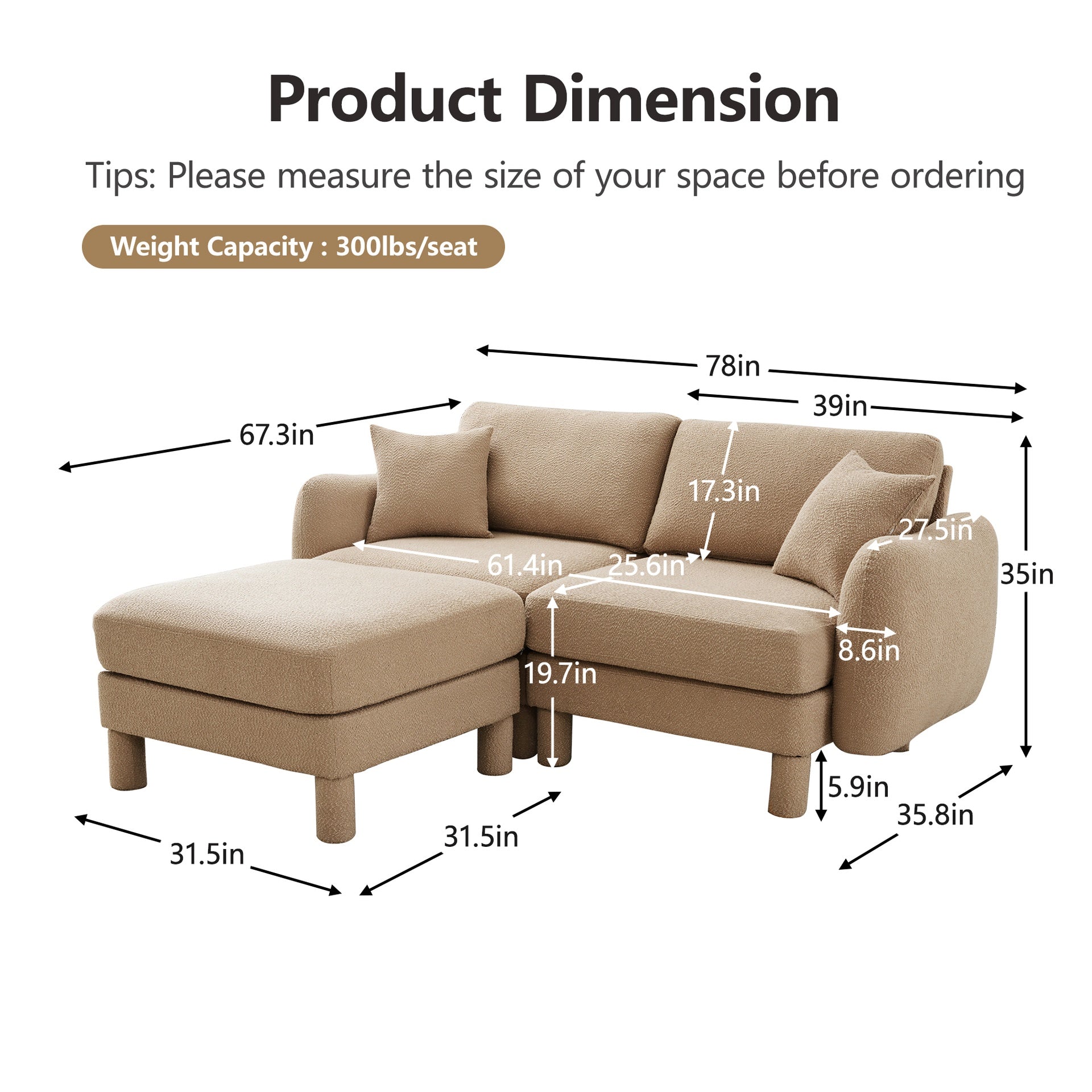 Boucle Fabric Sectional 2-seater Loveseat Sofa Couch With Distinctive Shell-shaped Armrests And Removable Ottoman,Cylindrical Legs Wrapped with Self-fabric,Coffee Color
