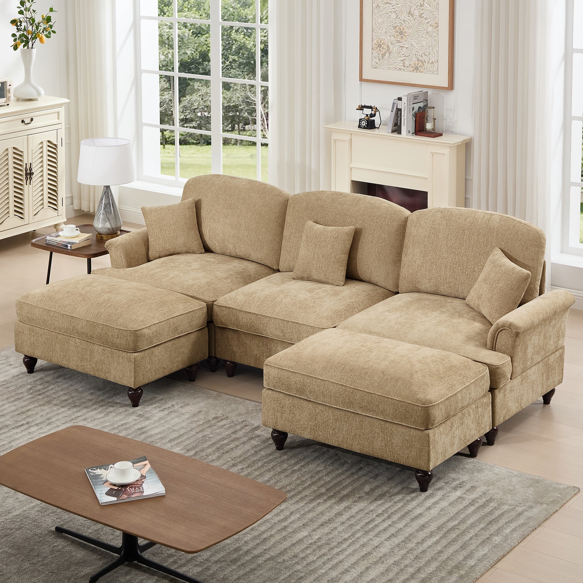 Classic Comfy Modular U Shape Sectional Sofa Couch with Flared Arms and Removable Ruffles Pleats Skirts and Spindle Legs, Upholstered Chenille Deep Seat Cloud Sofa with Movable Ottomans, Light Coffee