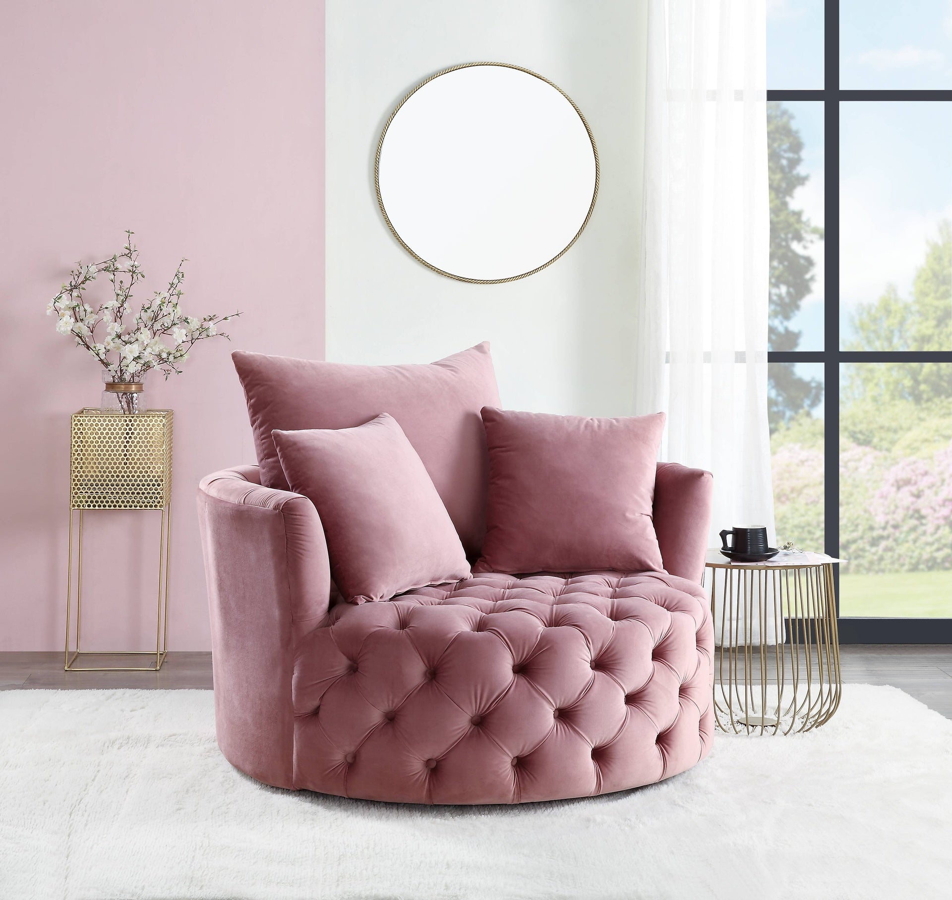 Zunyas Pink Velvet Accent Chair W/Swivel