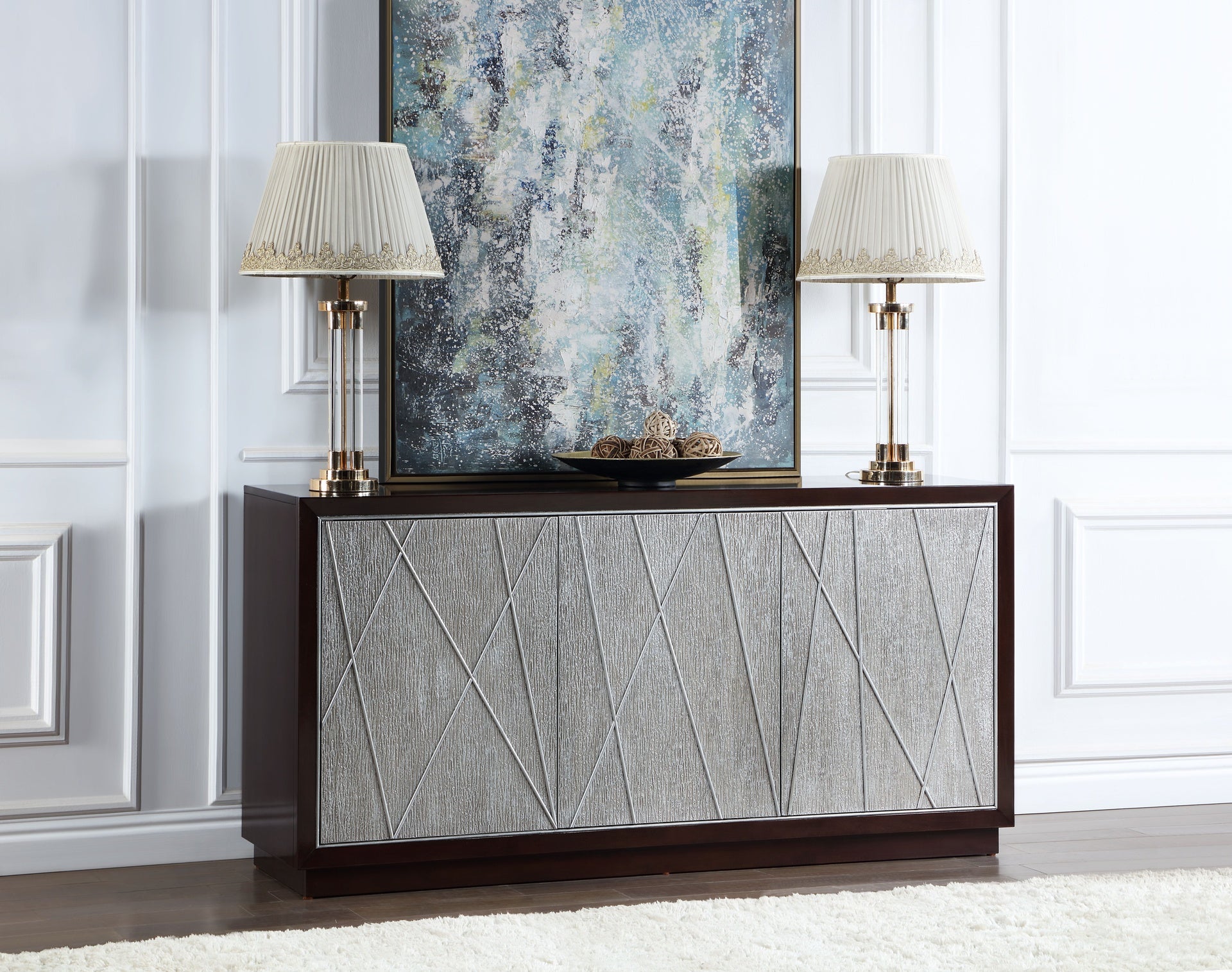 Geranio Metallic Silver & Walnut Finish Console Cabinet