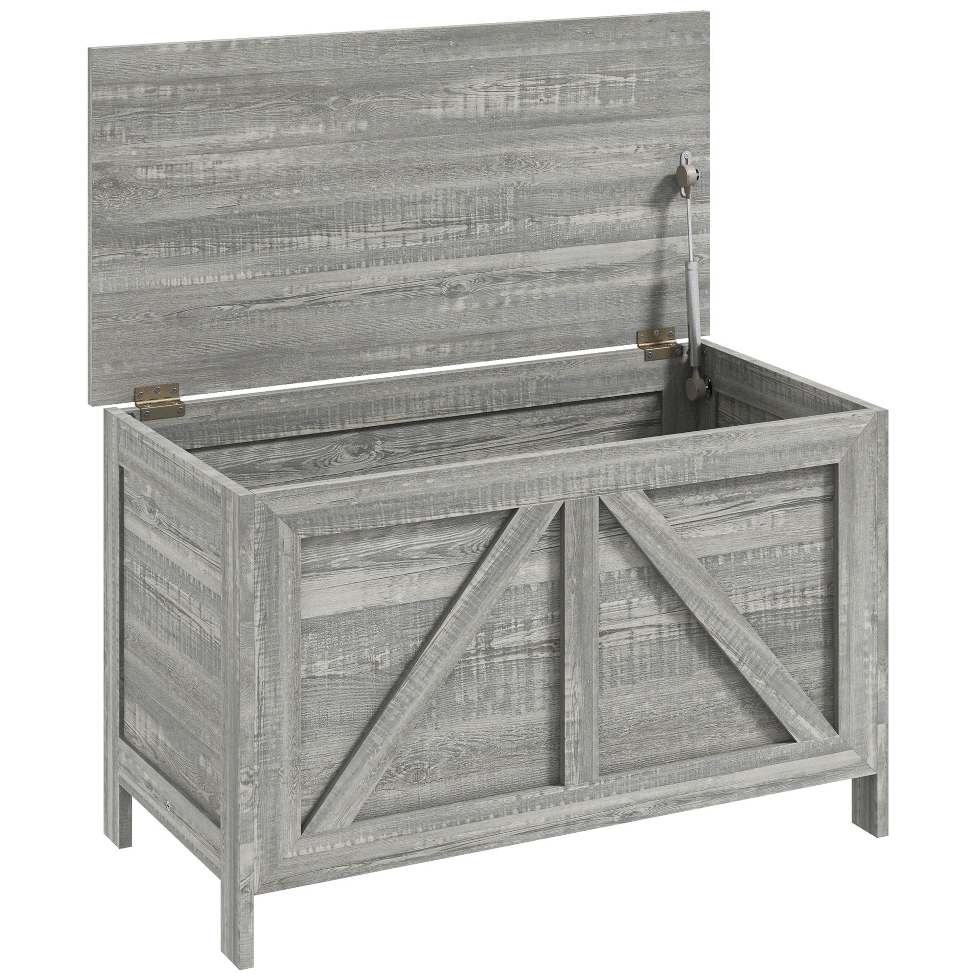 HOMCOM 30" Farmhouse Storage Chest, Lift Top Box Organizer with Safety Hinge to Open Up 100° for Bedroom, Entryway, Living Room, Gray Wood Grain