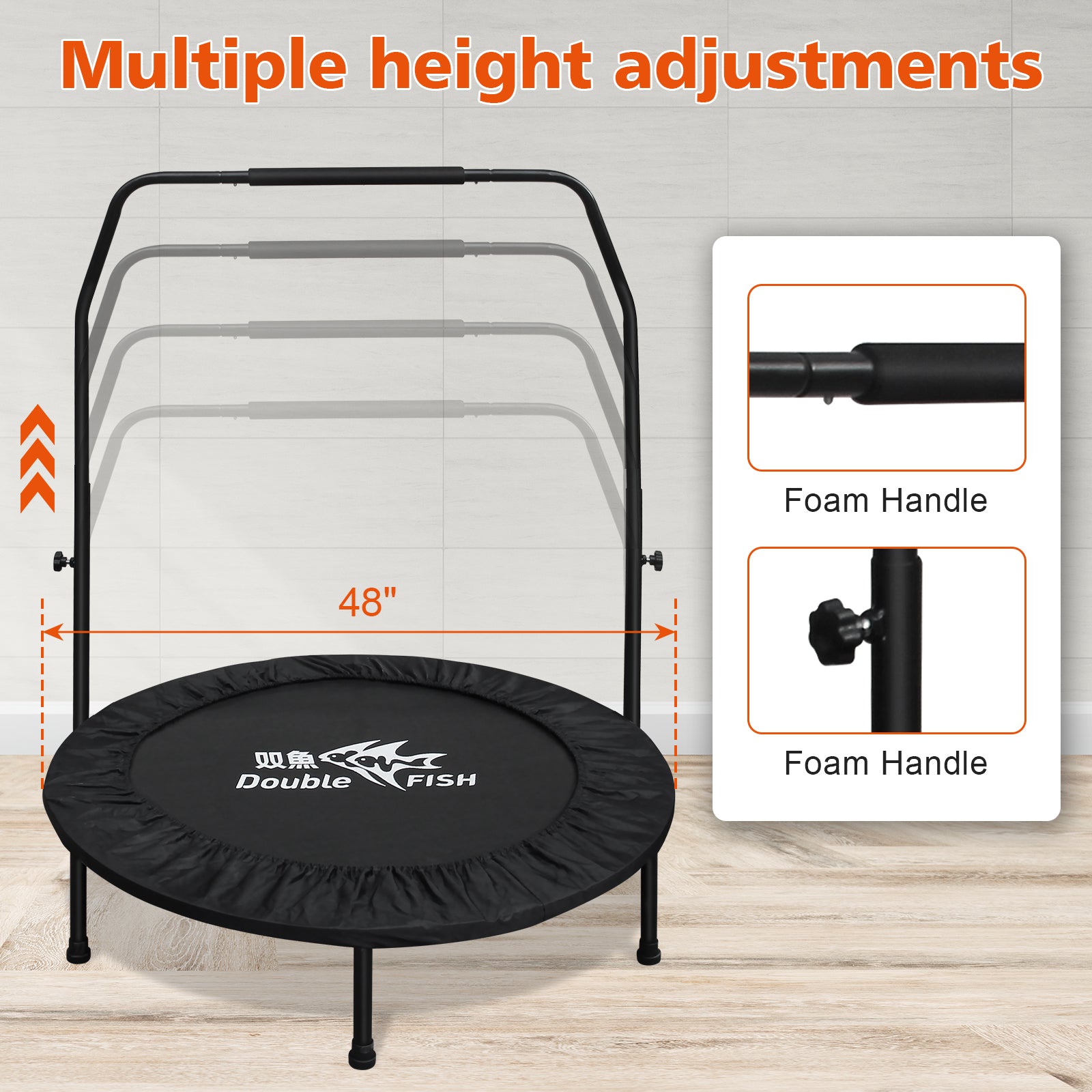 DOUBLE FISH High-Quality Adjustable Foam Handle 1 Mini Trampoline 48" - Supports Up To 400lbs, Black Rectangular Fitness Rebounder For Adults - Ideal For Indoor & Outdoor Workouts