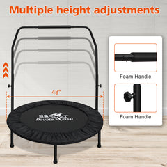DOUBLE FISH High-Quality Adjustable Foam Handle 1 Mini Trampoline 48" - Supports Up To 400lbs, Black Rectangular Fitness Rebounder For Adults - Ideal For Indoor & Outdoor Workouts