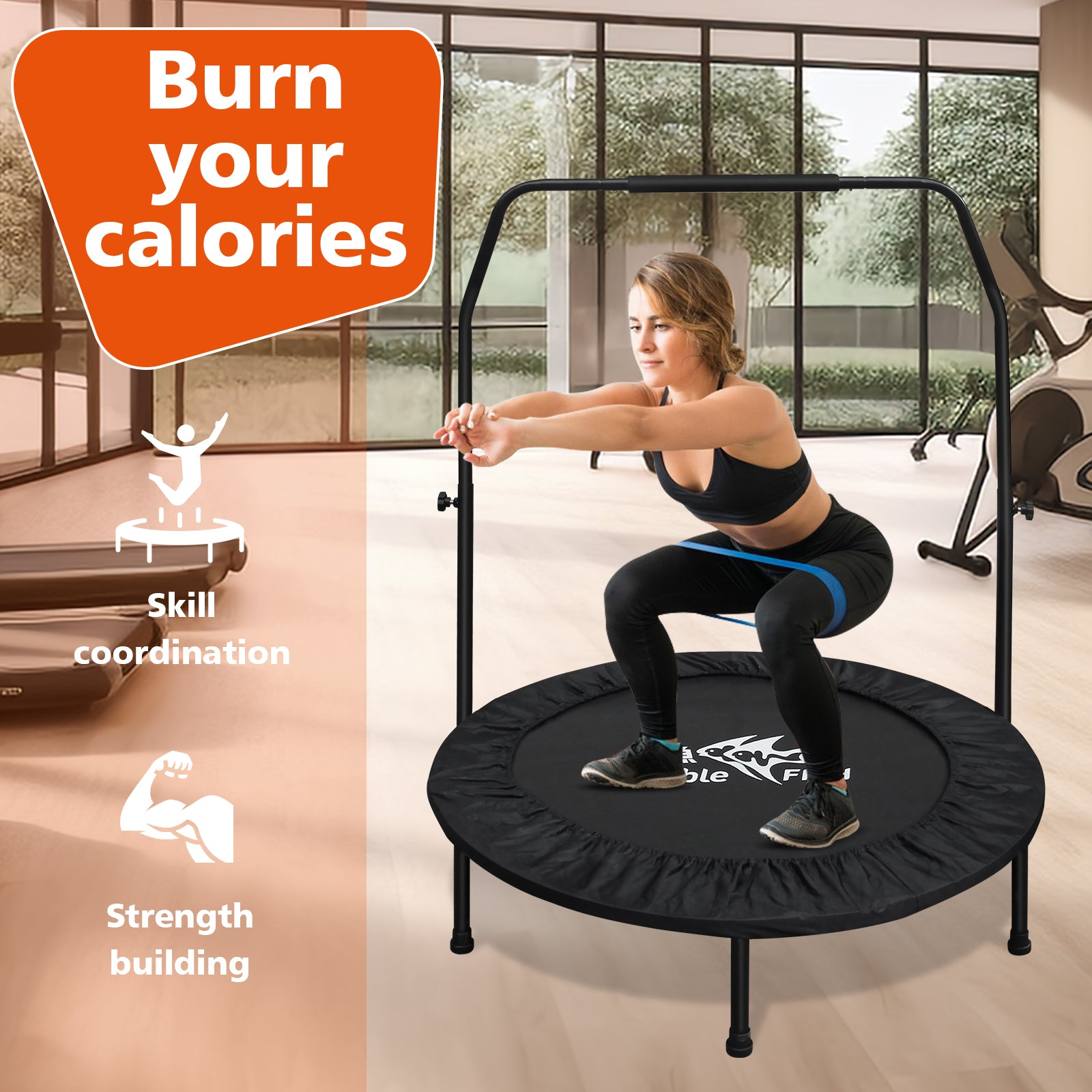 DOUBLE FISH High-Quality Adjustable Foam Handle 1 Mini Trampoline 48" - Supports Up To 400lbs, Black Rectangular Fitness Rebounder For Adults - Ideal For Indoor & Outdoor Workouts
