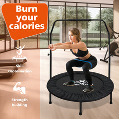 DOUBLE FISH High-Quality Adjustable Foam Handle 1 Mini Trampoline 48" - Supports Up To 400lbs, Black Rectangular Fitness Rebounder For Adults - Ideal For Indoor & Outdoor Workouts