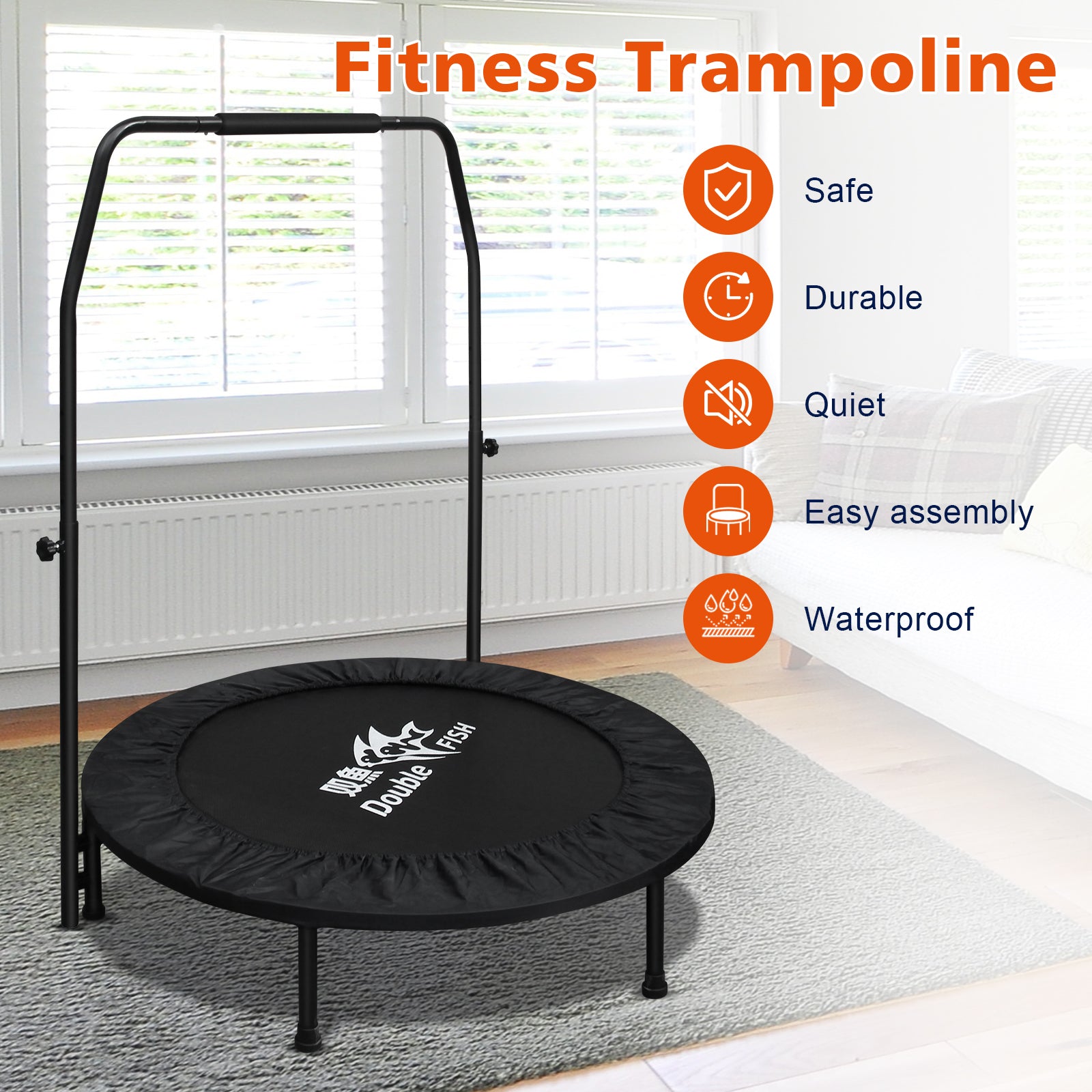 DOUBLE FISH High-Quality Adjustable Foam Handle 1 Mini Trampoline 48" - Supports Up To 400lbs, Black Rectangular Fitness Rebounder For Adults - Ideal For Indoor & Outdoor Workouts