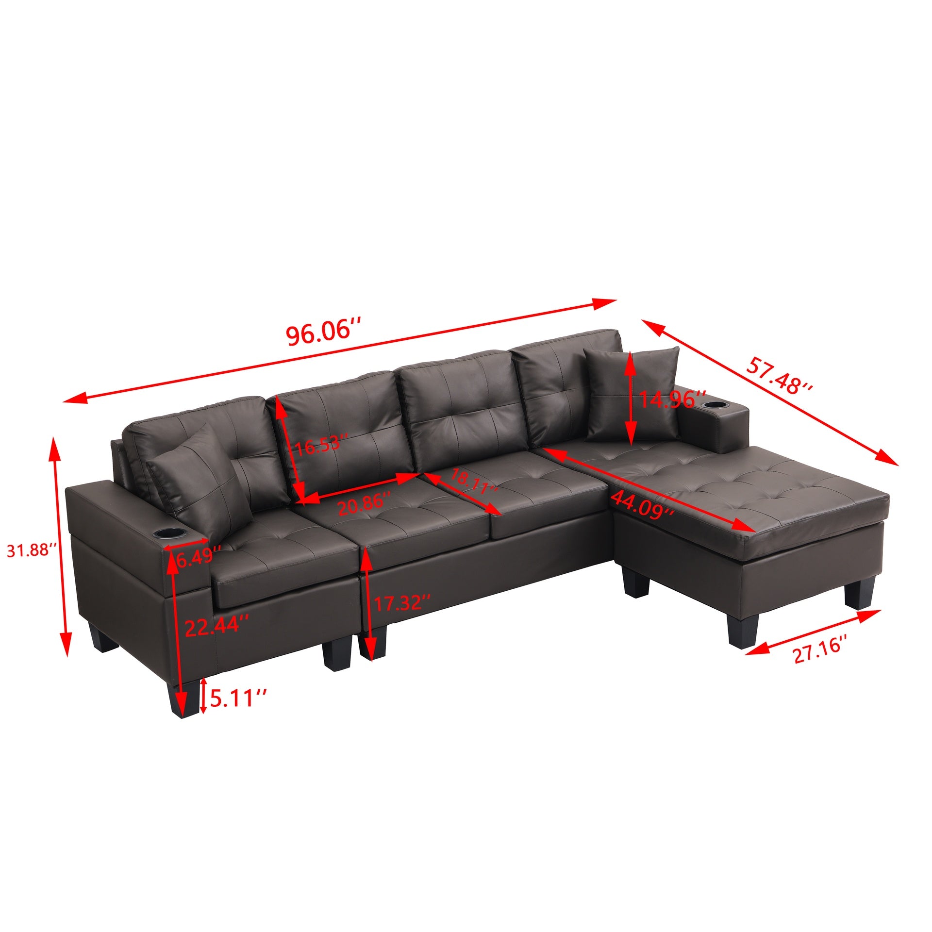Sectional Sofa Set for Living Room with L Shape Chaise Lounge ,cup holder and Left or Right Hand Chaise Modern 4 Seat (Chocolate brown)