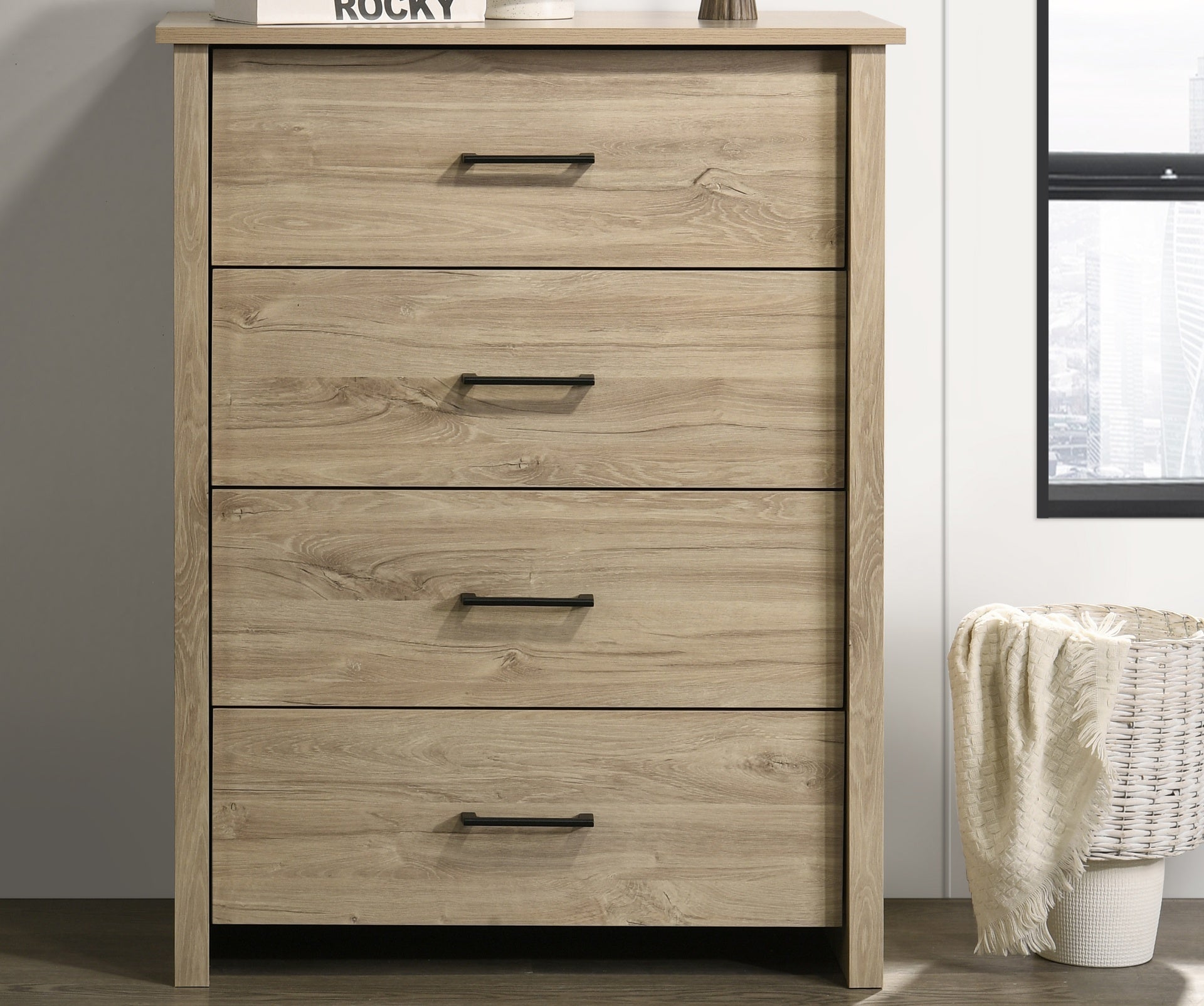 Seraphiel 32"W Light Oak Finish 4-Drawer Chest with Black Handles
