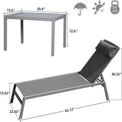 Patio Chaise Lounge Set, 3 Pieces Aluminum Adjustable Pool Lounge Chairs Textilene Sunbathing Recliner with Headrest (Grey,2 Lounge Chairs
+1 Table)