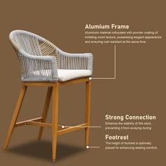 Bar Stools Set of 2 with Arm and Backrest, Outdoor Counter Height Bar Chairs with Cushion, Aluminum Tall Bar stools Modern Textilene Rope Boho Barstools for Garden, Pool, Patio, Kitchen-Rounded Backre
