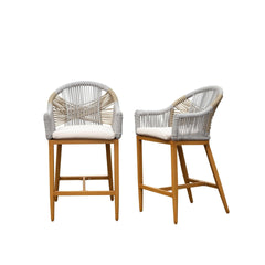 Bar Stools Set of 2 with Arm and Backrest, Outdoor Counter Height Bar Chairs with Cushion, Aluminum Tall Bar stools Modern Textilene Rope Boho Barstools for Garden, Pool, Patio, Kitchen-Rounded Backre