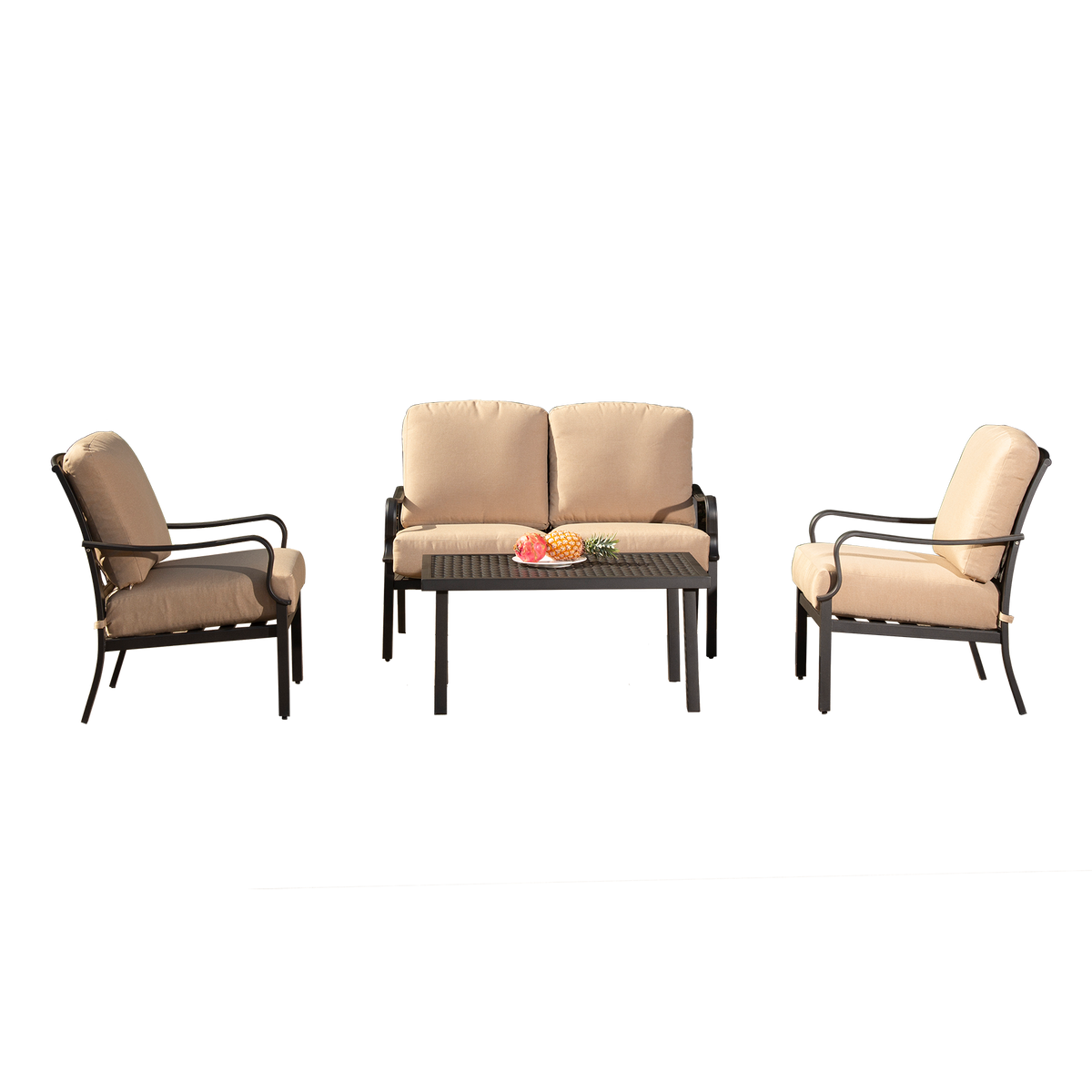 Outdoor 4 pcs Patio Conversation Set, Metal Dining Table and Chairs Dining Set with Removable Beige Cushions for Garden Lawn Yard