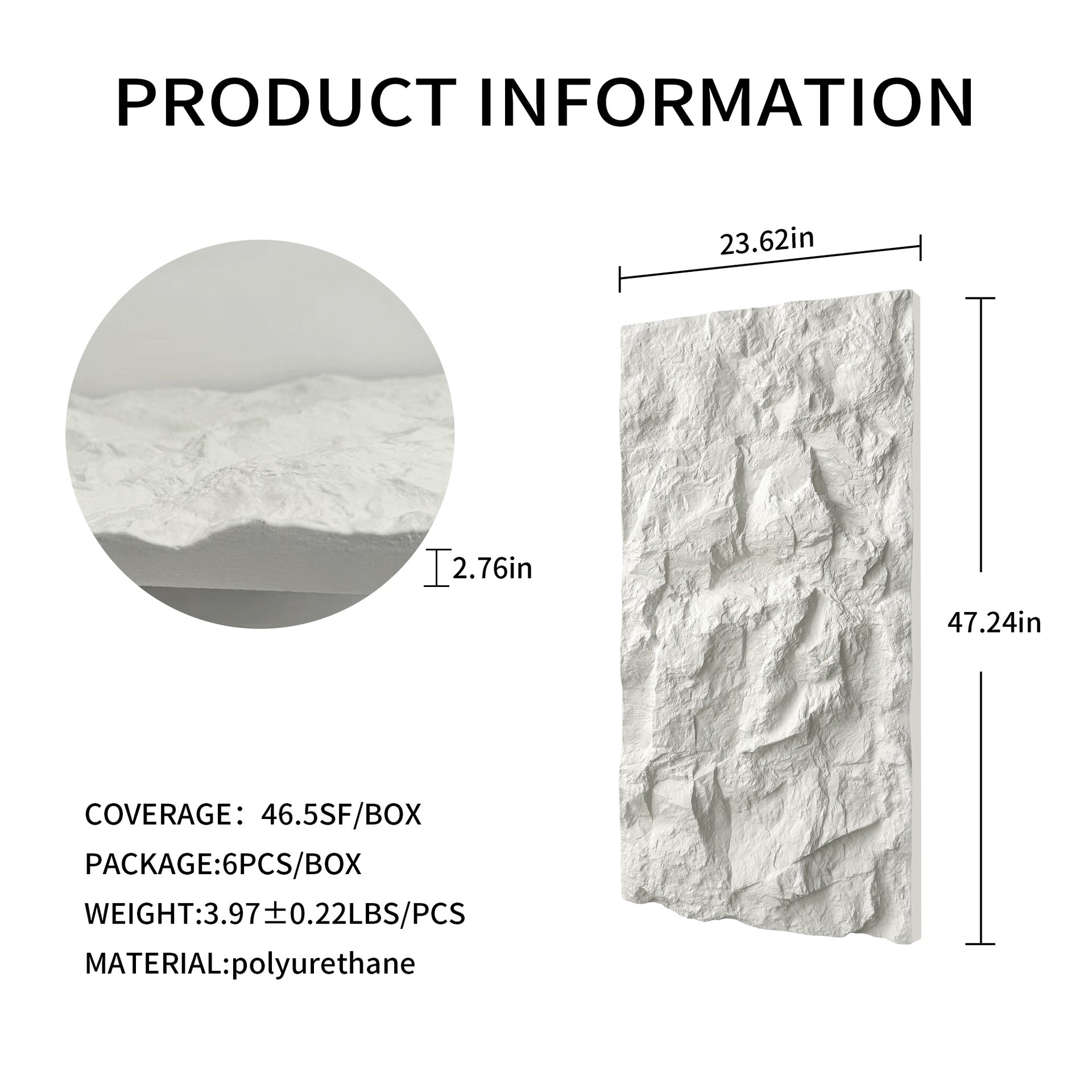 3D Faux Stone Wall Panels, 6 PCS PU Wainscoting Panel for Interior Wall Decor, Flame-resistant & Lightweight & Waterproof , for TV Wall, Office, Living Room,  47.24" × 23.62"(Rock Stone)(White Marble)