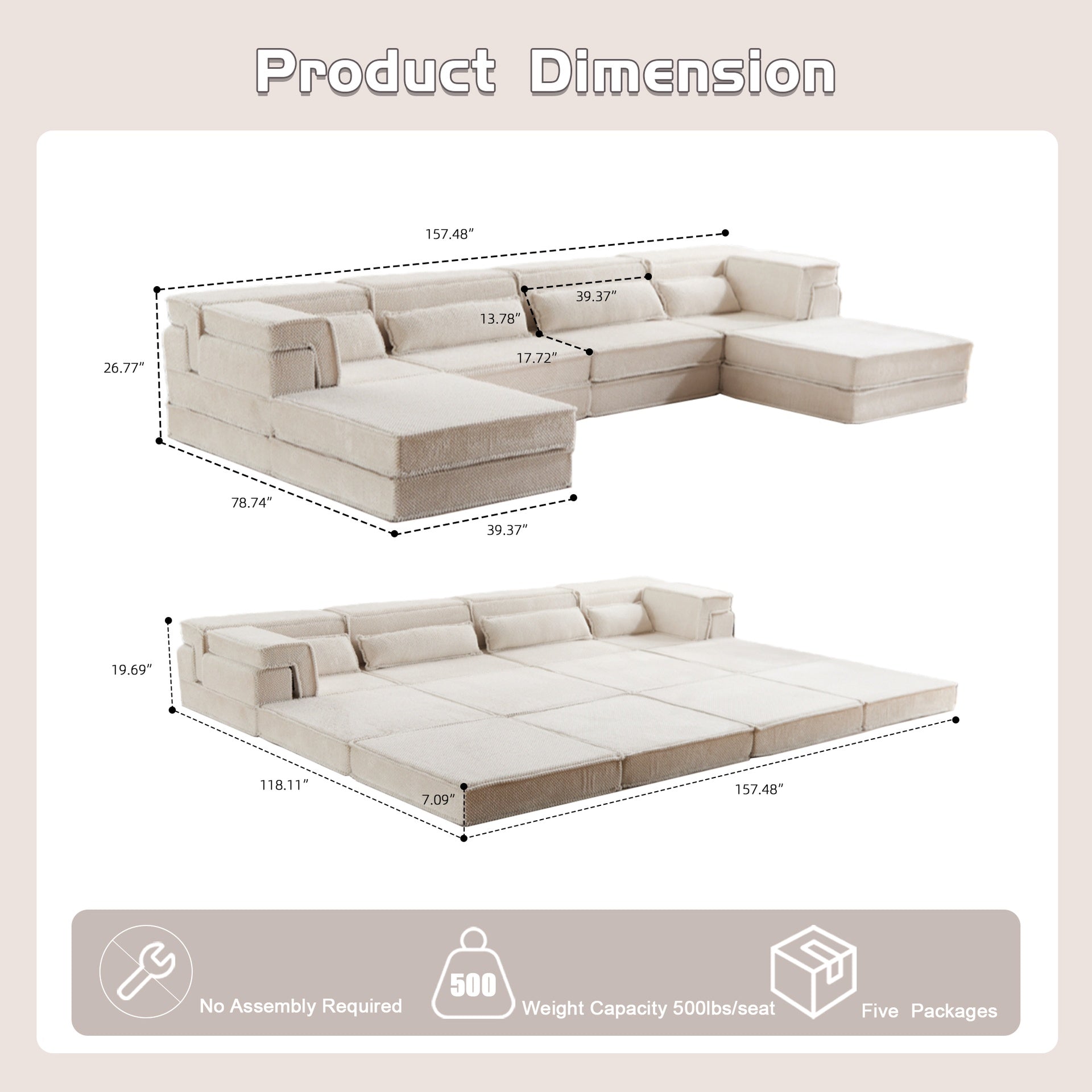 Compression Mahjong Sofa,Convertible Floor Sofa Bed,DIY Boneless Modular Sectional Sofa,No Assembly Required,Circle fleece fabric,Oversized 4 Seater with 2 Ottoman,White