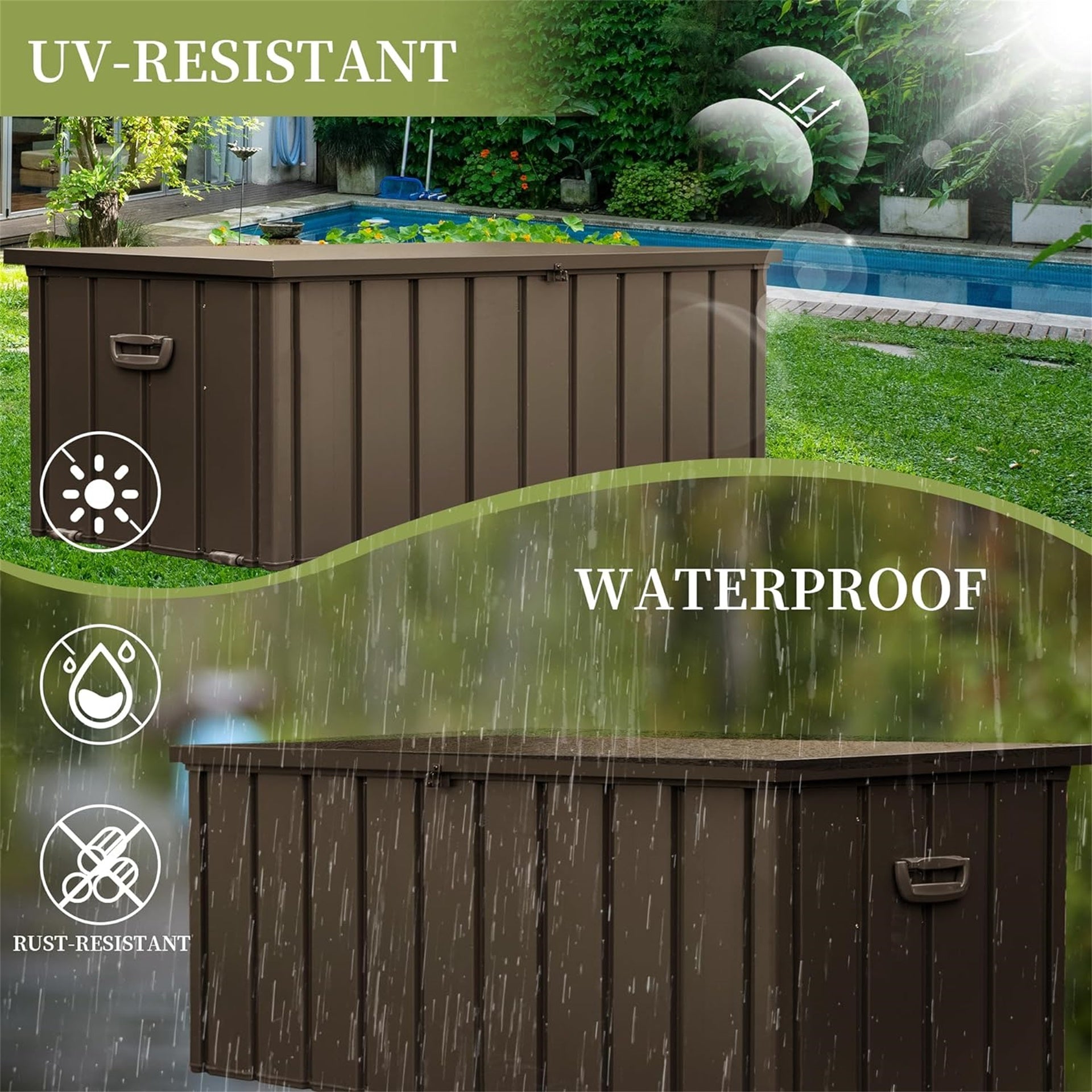 150 Gallon Outdoor Storage Deck Box Waterproof, Large Patio Storage Bin for Outside Cushions, Throw Pillows, Garden Tools, Lockable, Resin bottom (Dark Brown)