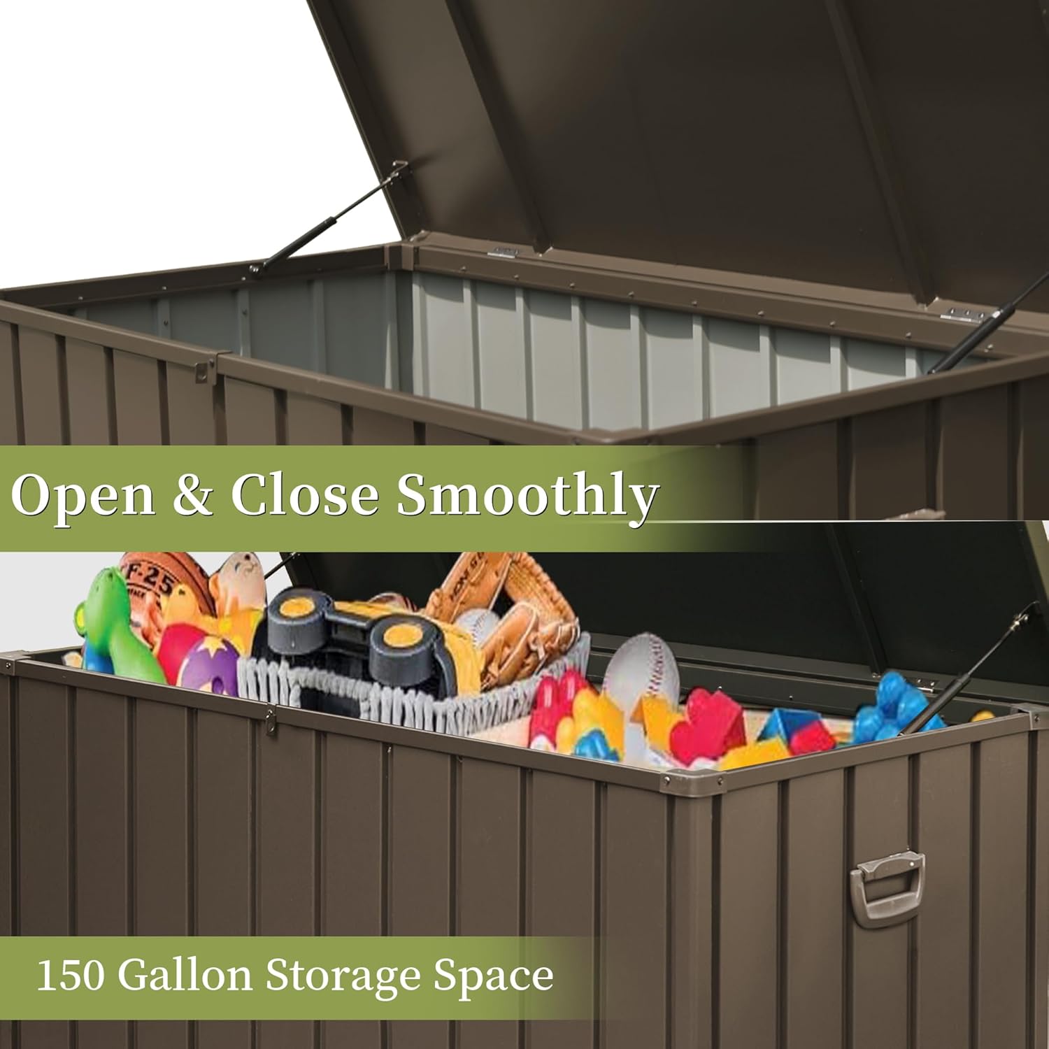 150 Gallon Outdoor Storage Deck Box Waterproof, Large Patio Storage Bin for Outside Cushions, Throw Pillows, Garden Tools, Lockable, Resin bottom (Dark Brown)