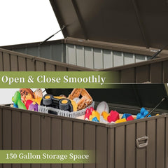 150 Gallon Outdoor Storage Deck Box Waterproof, Large Patio Storage Bin for Outside Cushions, Throw Pillows, Garden Tools, Lockable, Resin bottom (Dark Brown)