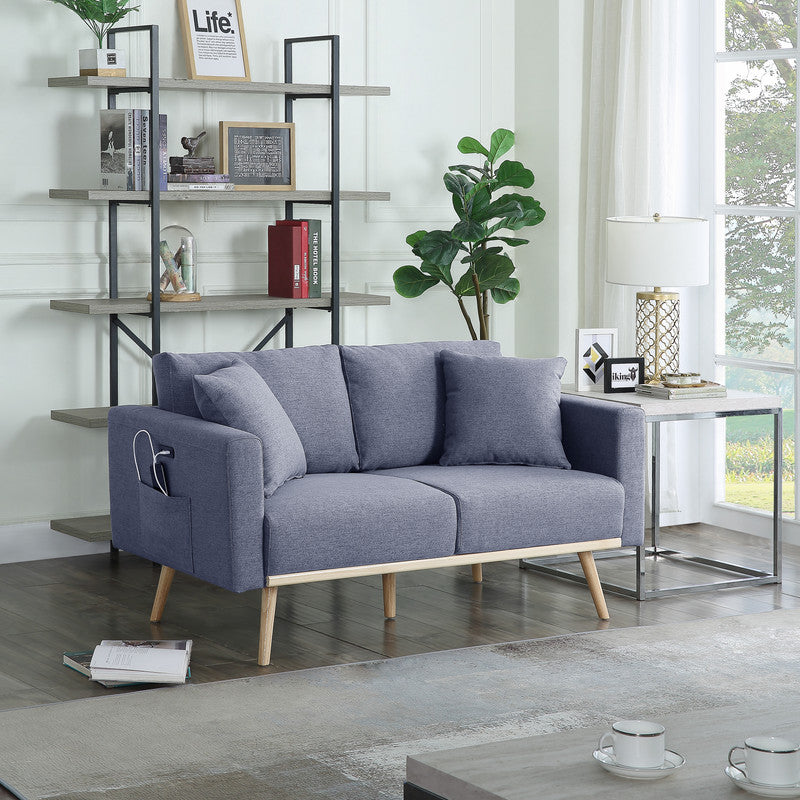 Elio 56.5"W Dark Gray Linen Fabric Loveseat with USB Charging Ports Pockets & Pillows