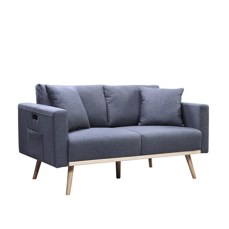Elio 56.5"W Dark Gray Linen Fabric Loveseat with USB Charging Ports Pockets & Pillows