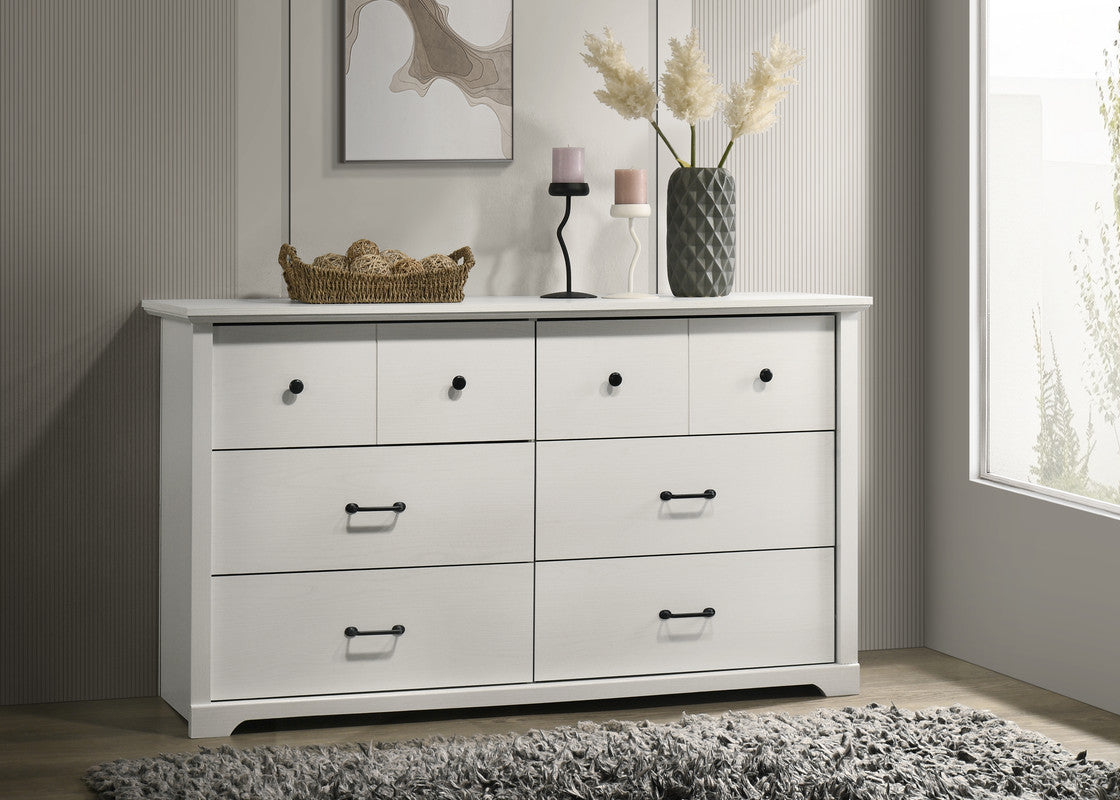 Elettra 57"W White 6-Drawer Dresser with Black Handles
