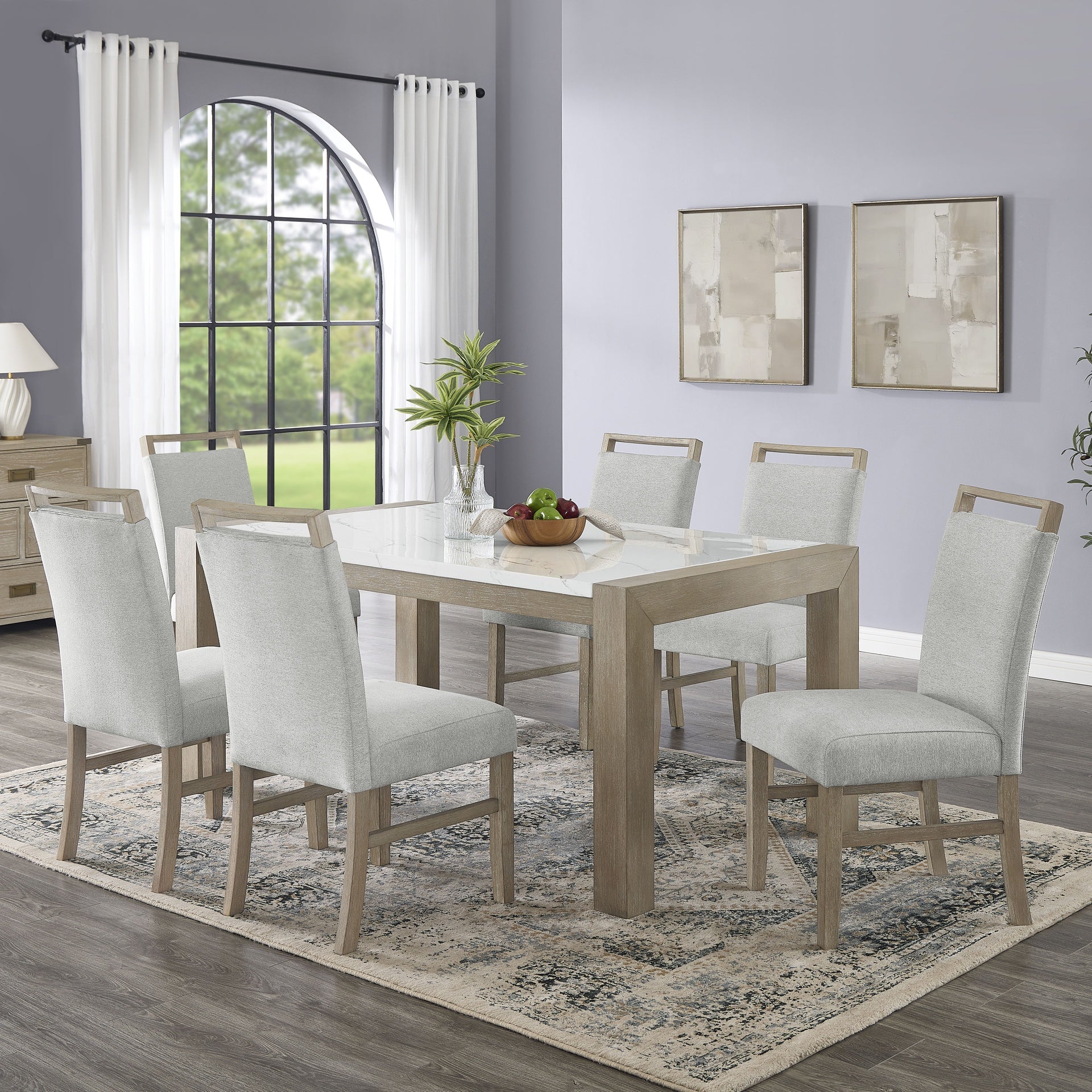 Tabitha 7Pc 66"W Rectangular White Faux Marble Top Dining Set in Light Oak Finish