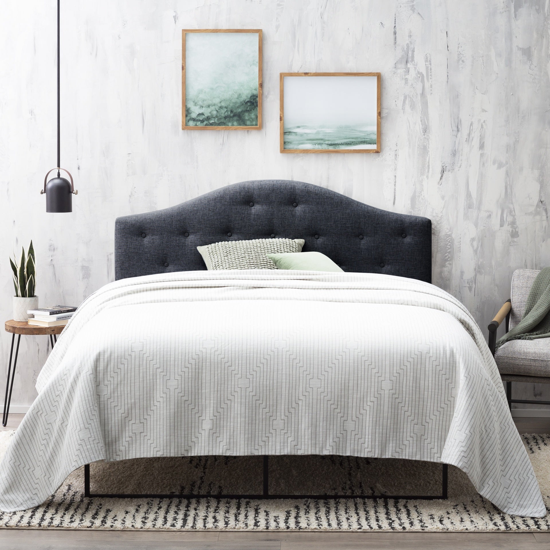 Everlane Home Curved Mid-Rise Upholstered Headboard with Button Tufting, King, Slate
