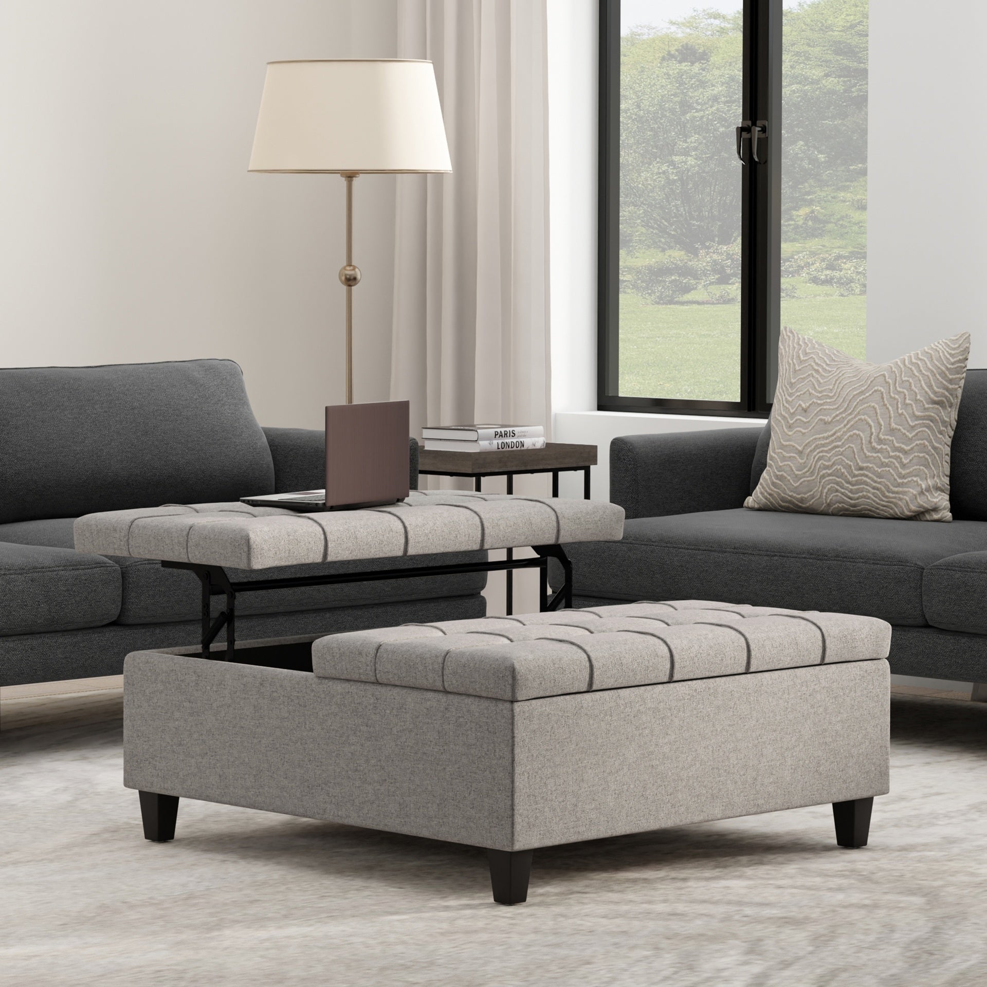 Harrison 40 inch Wide Large Square Coffee Table Storage Ottoman in Cloud Grey Linen Look Fabric