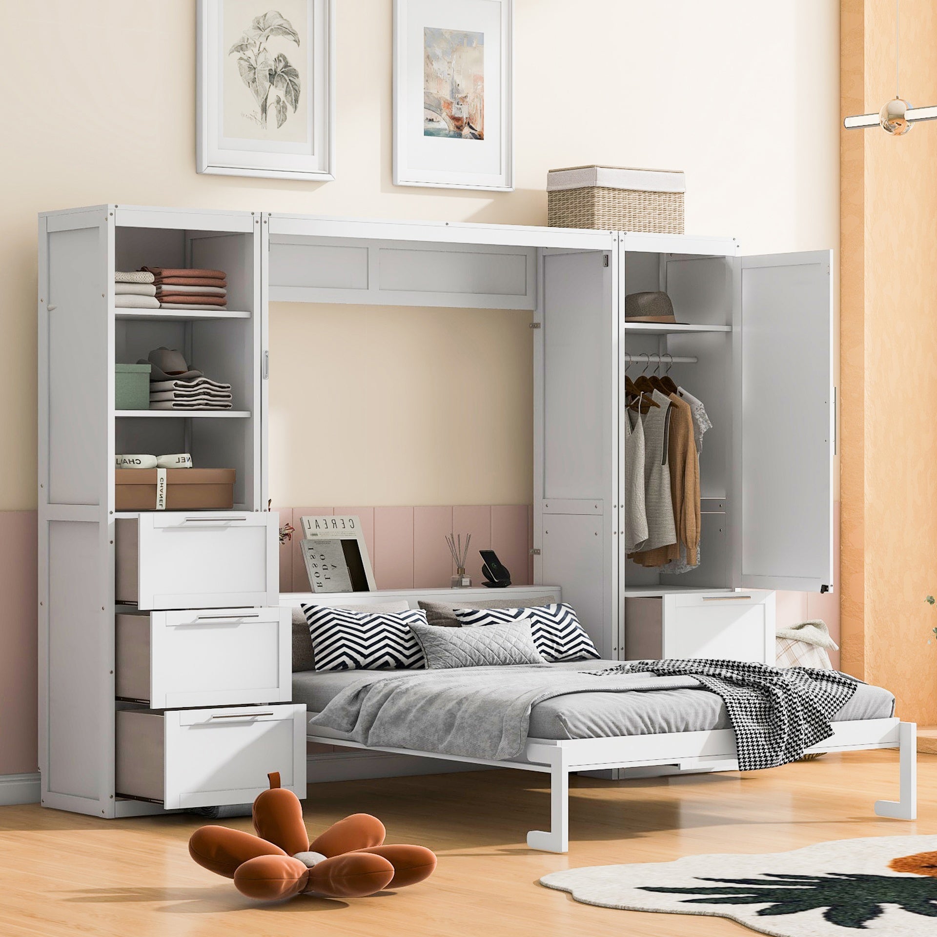 Queen Size Murphy Bed Wall Bed with Closet ,Drawers and Shelves,White(OLD SKU :LP000865AAK)