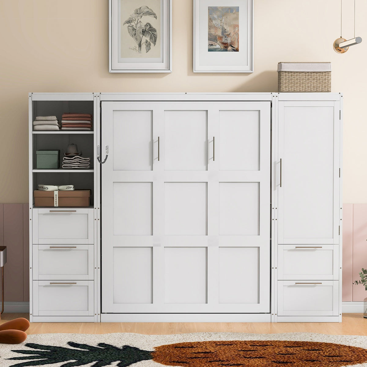 Queen Size Murphy Bed Wall Bed with Closet ,Drawers and Shelves,White(OLD SKU :LP000865AAK)